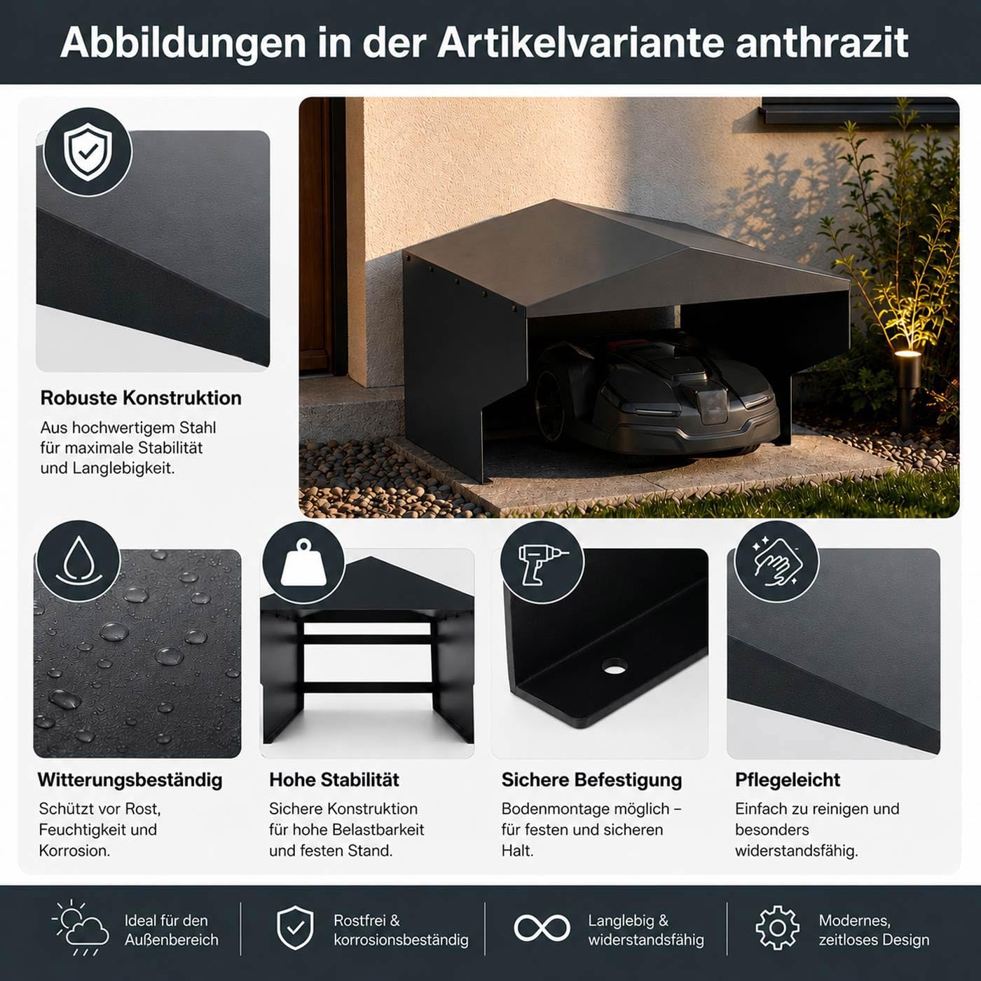 Mähroboter-Garage HWC-Q71, Rasenroboter-Überdachung Dach Unterstand für Rasenmäher, Metall 42x57x70cm - anthrazit