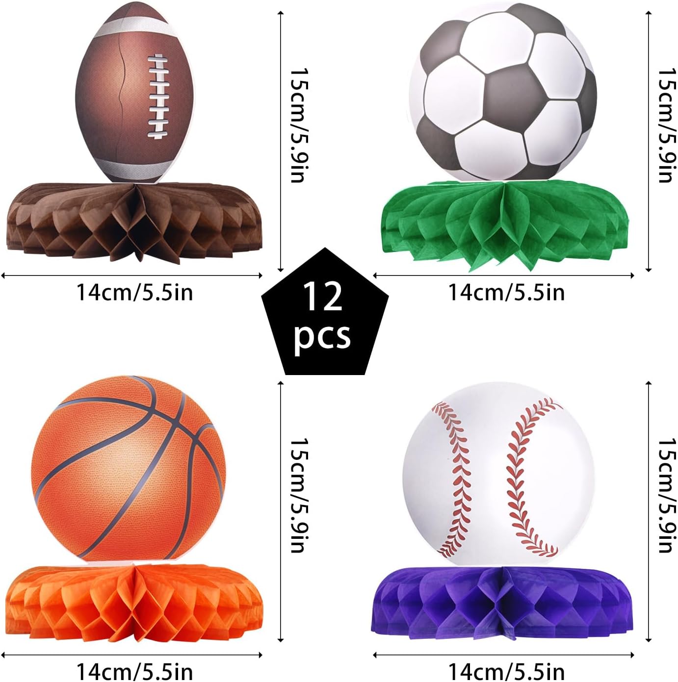 12pcs Sports Honeycomb Centerpieces, Soccer Basketball Baseball Football Centerpieces Mixd Table Decorations for Boys Game Day Themed Birthday Parties Sports Events Gameday Party Decor Celebration