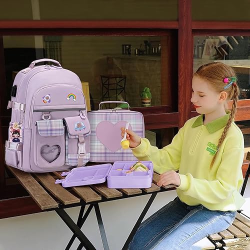 Vista 7 de Mochila para niñas, caja Bento con bolsa de almuerzo aislada, estuche para lápices y utensilios para niños, 6 compartimentos a prueba de fugas