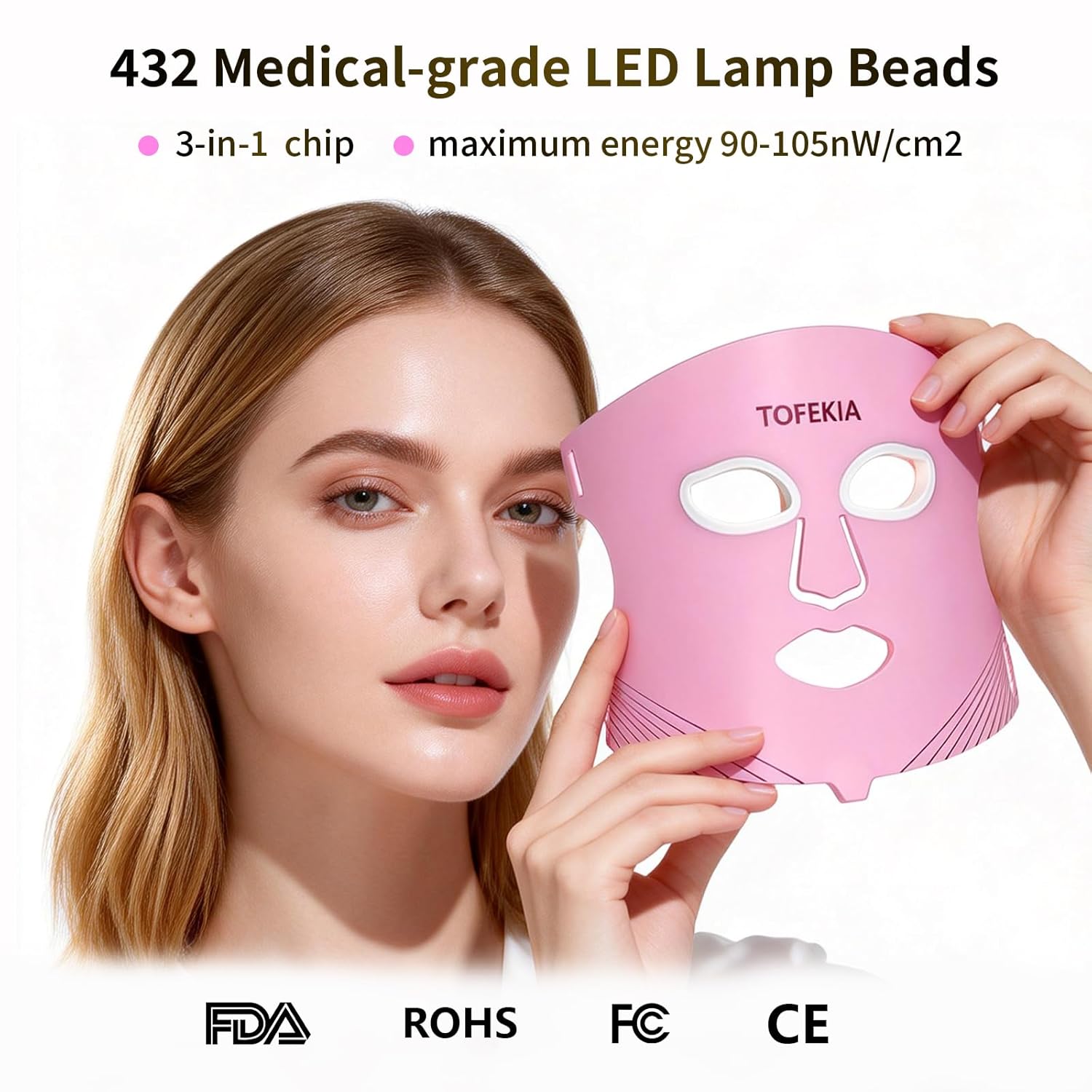 FDA-Cleared Red Light Therapy Mask for Face – 3 Modes for Acne and Wrinkles, 5 Intensity Levels，850nm Infrared Led Light Therapy Device, Pink - Image 2