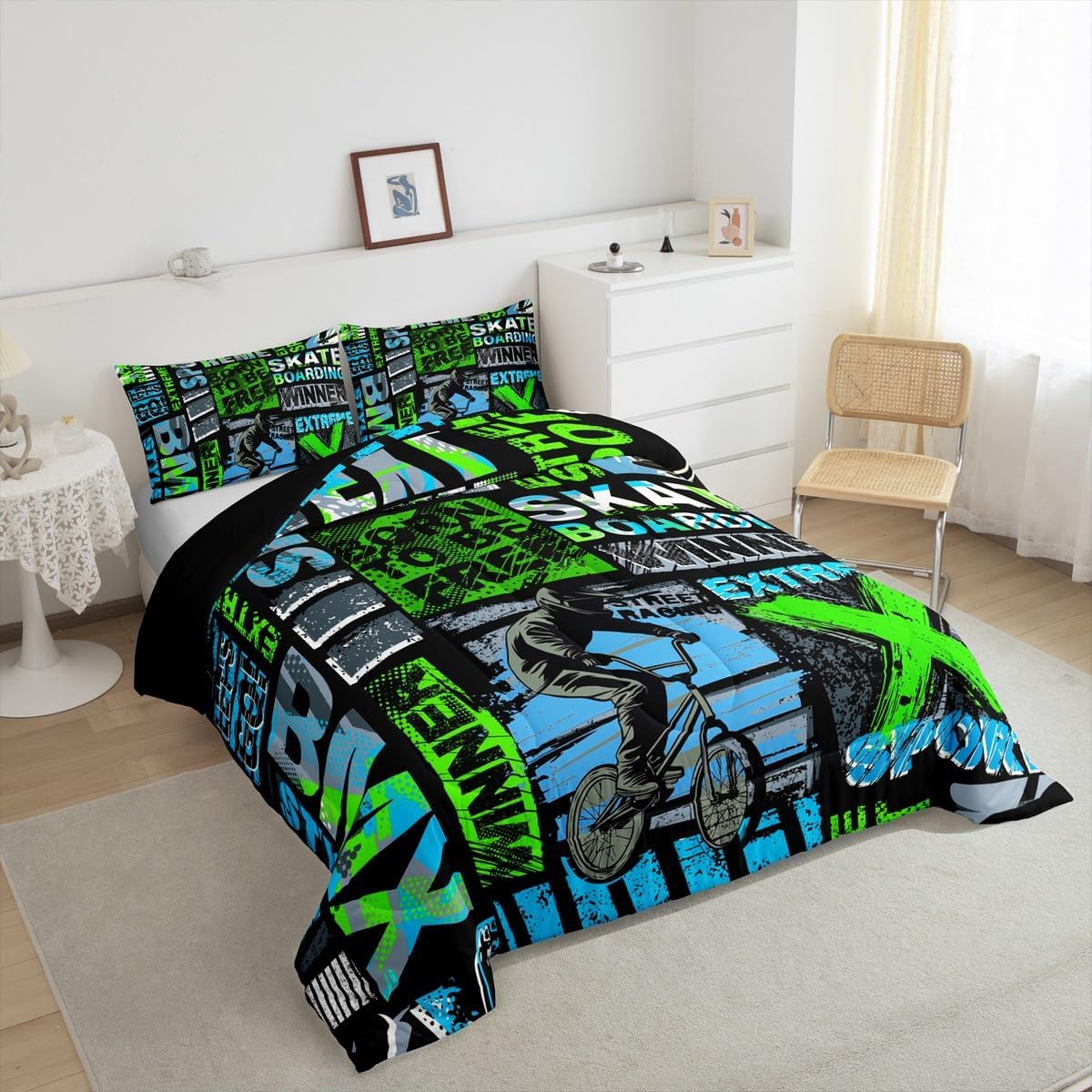 Boys BMX Comforter Set Extreme Sports Games Bedding Sets Dirt Bike Down Comforter for Kids Young Bicycle Racer Vehicle Gaming Quilt Set With 1 Comforter and 1 Pillow Case Twin Size Green Teal