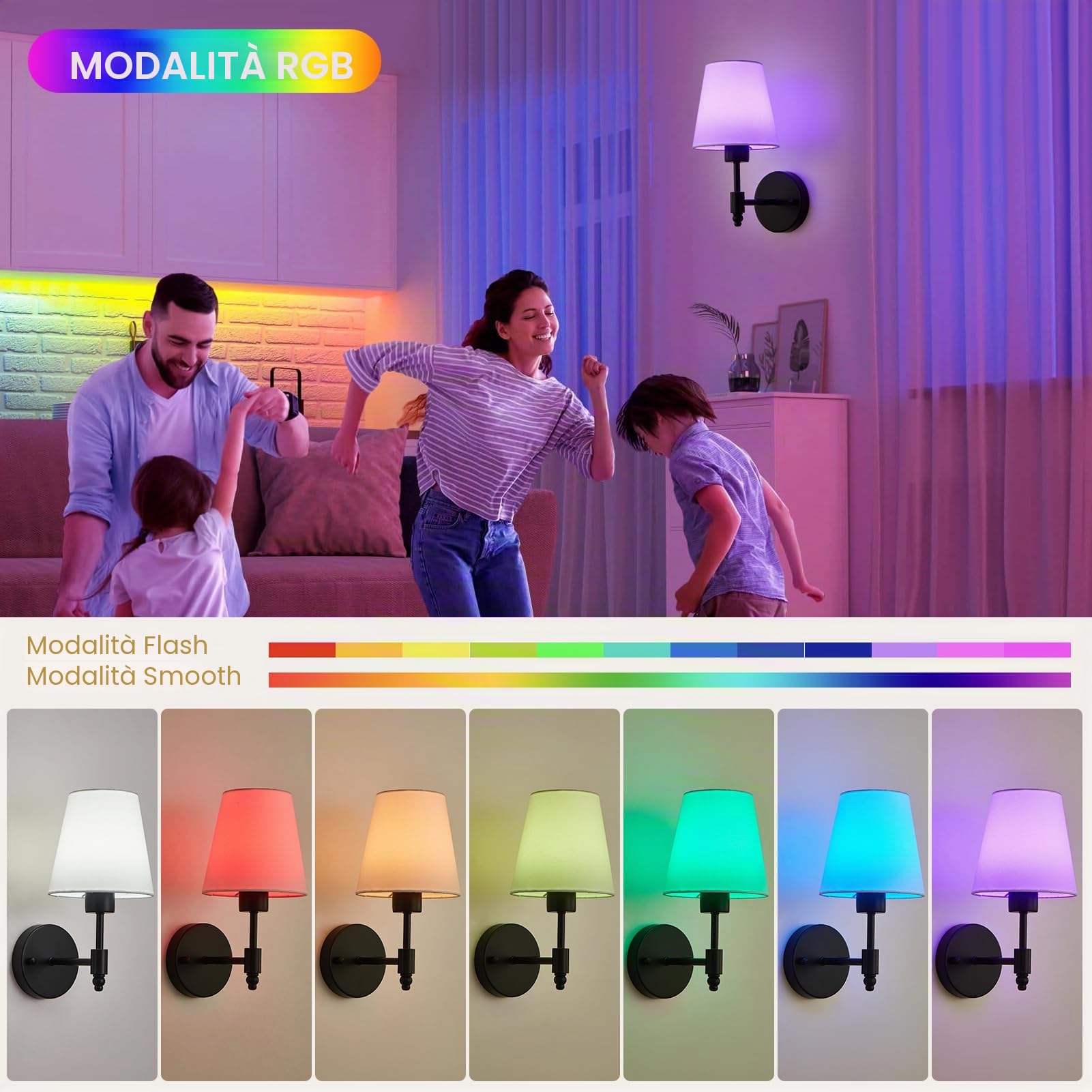 HARPER LIVING Set di 2 lampade da parete a batteria, lampade da parete in tessuto con lampadine ricaricabili e telecomando, 3 CCT e 9 RGB, dimmerabili, senza fili, per camera da letto, soggiorno