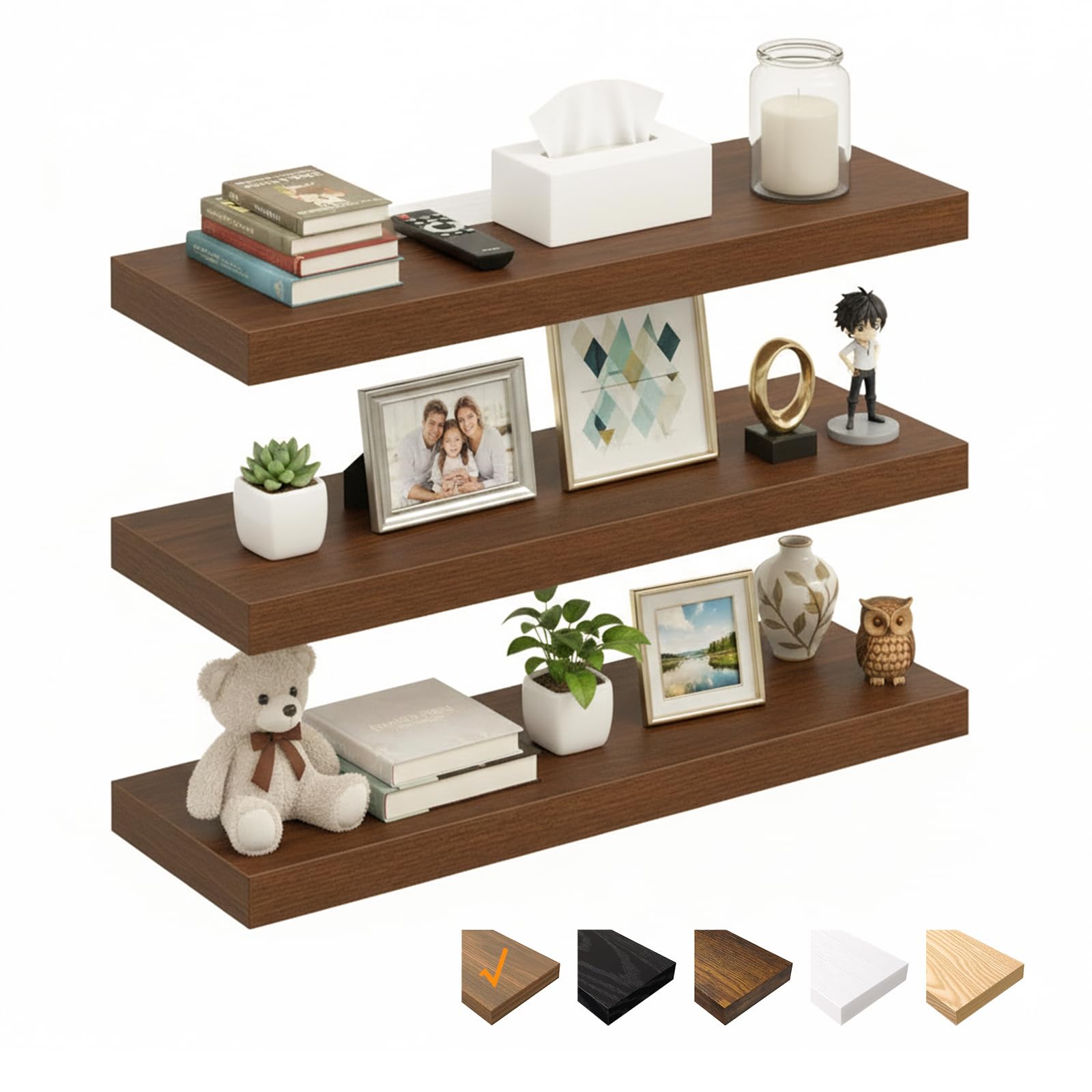 RICHER HOUSE 60cm Floating Shelves for wall, Walnut Wall Shelves with Invisible Brackets, Wooden Shelves MDF for Bathroom, Bedroom, Office, Living Room, Kitchen, Set of 3, 60 x 23.5 x 3.8 cm