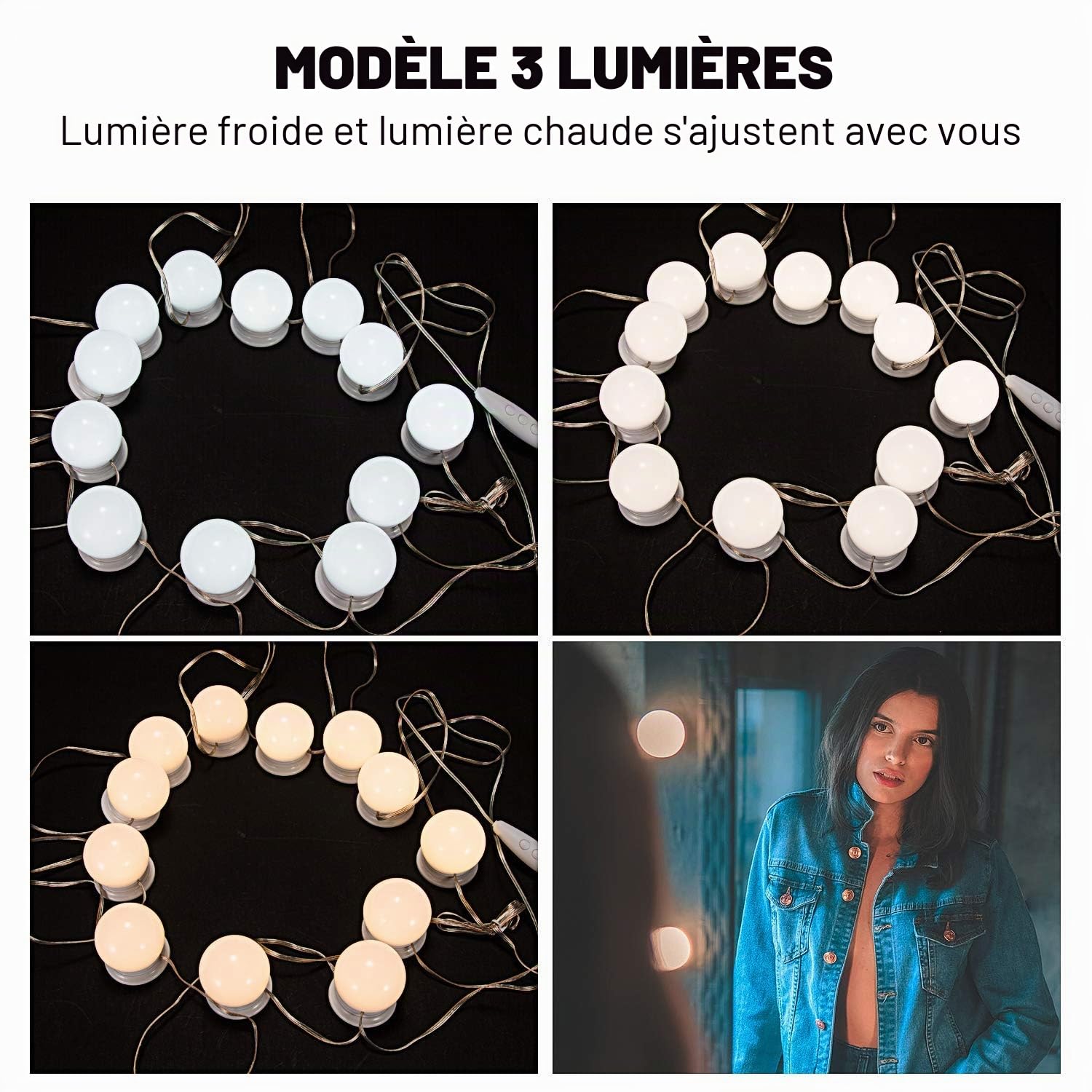 Lumière de Miroir, 12 Ampoules Hollywood Kit de Lumière LED Dimmable Lampe pour Cosmétique Salle de Bain 3 Couleurs 10 Niveaux de Luminosité (Miroir Non Inclus)