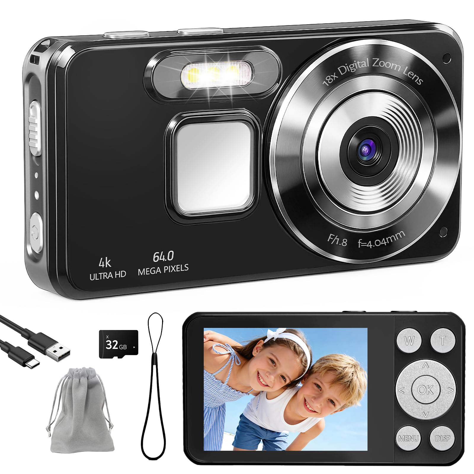Appareil Photo Numérique 4K 64MP - Caméra Portable avec Zoom Numérique 18X, Écran LCD 2,8", Carte SD 32GB Incluse, Stabilisateur d'image - Idéal Enfants, Adolescents et Débutants (Noir-2)