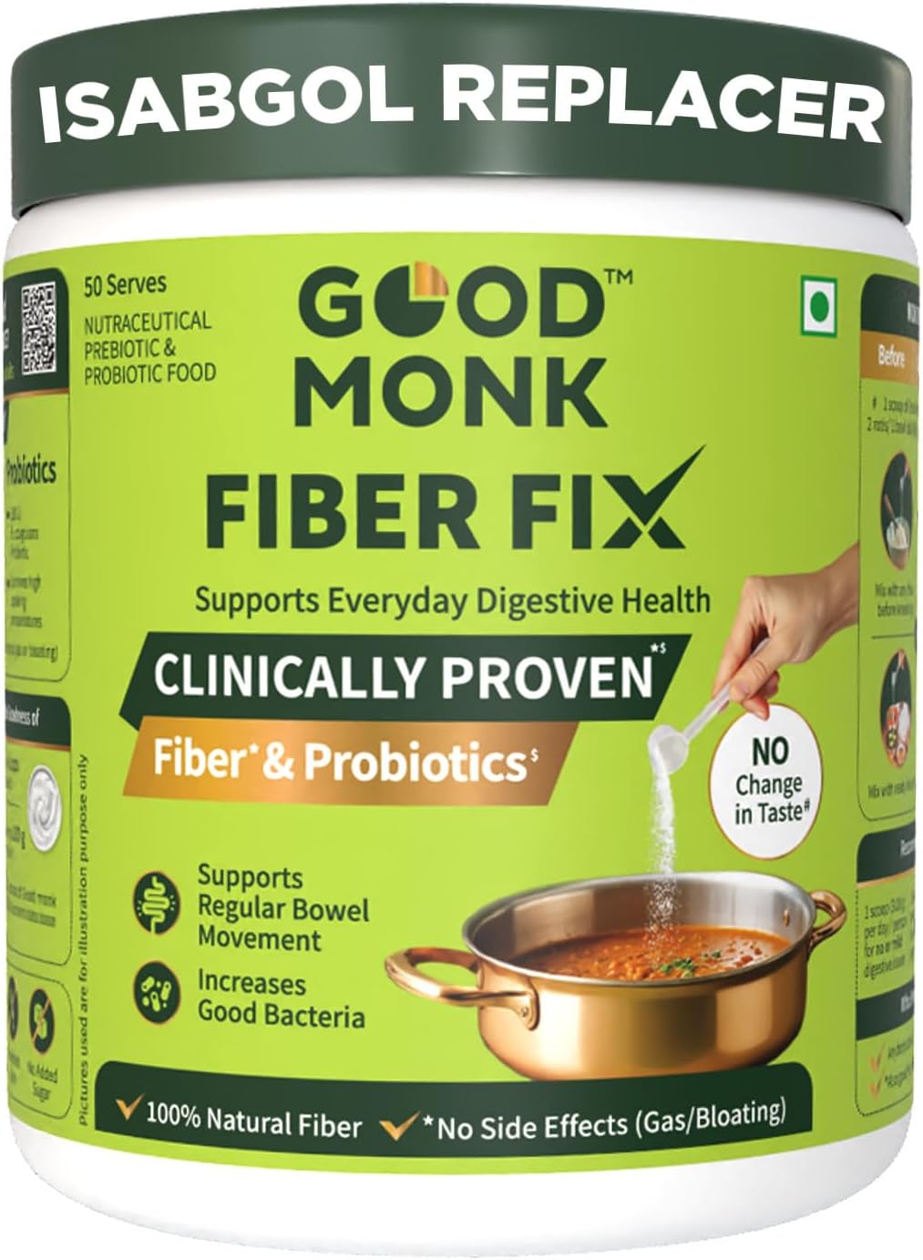 Good Monk Fiber Fix | Constipation, Bloating & Gas Relief | Prebiotic Soluble Fibre Supplement Powder + Probiotic | Isabgol Replacer | 50 Servings | Tasteless, No Grit Or Aftertaste