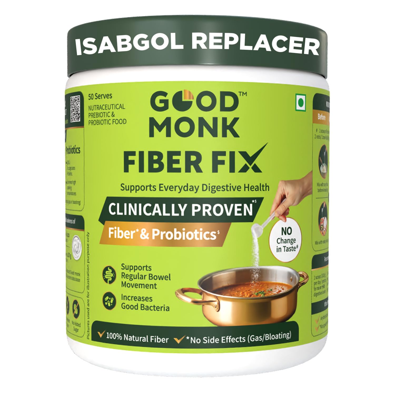 Good Monk Fiber Fix – Everyday Prebiotic & Probiotic Soluble Natural Fiber Supplement Powder for Gut Health | Constipation Bloating Gas & Acidity Relief | 50 Servings | No Side Effects or Taste Change-picture-24
