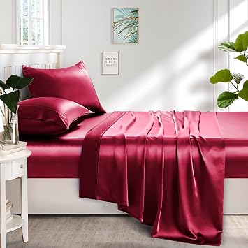 Silk like Satin Sheets, King Size Bed Sheet Set, Red, 4 Piece