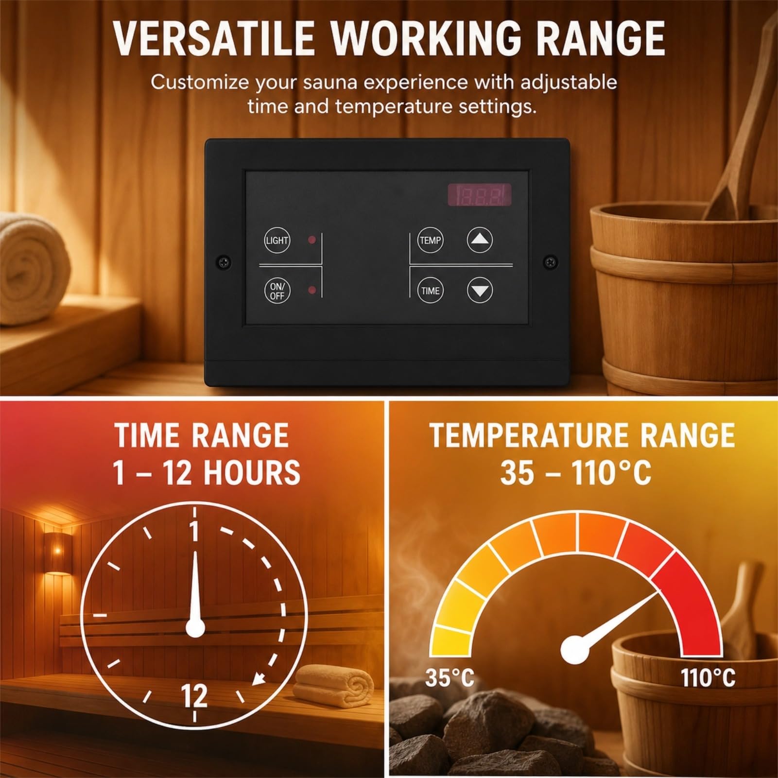 Controlador de Temperatura de Sauna, Panel de Control de Generador de Digital de Montaje en Pared, para Salas de Sauna y Baños de Material ABS 35 110 ℃ Rango de Temperatura (Negra)