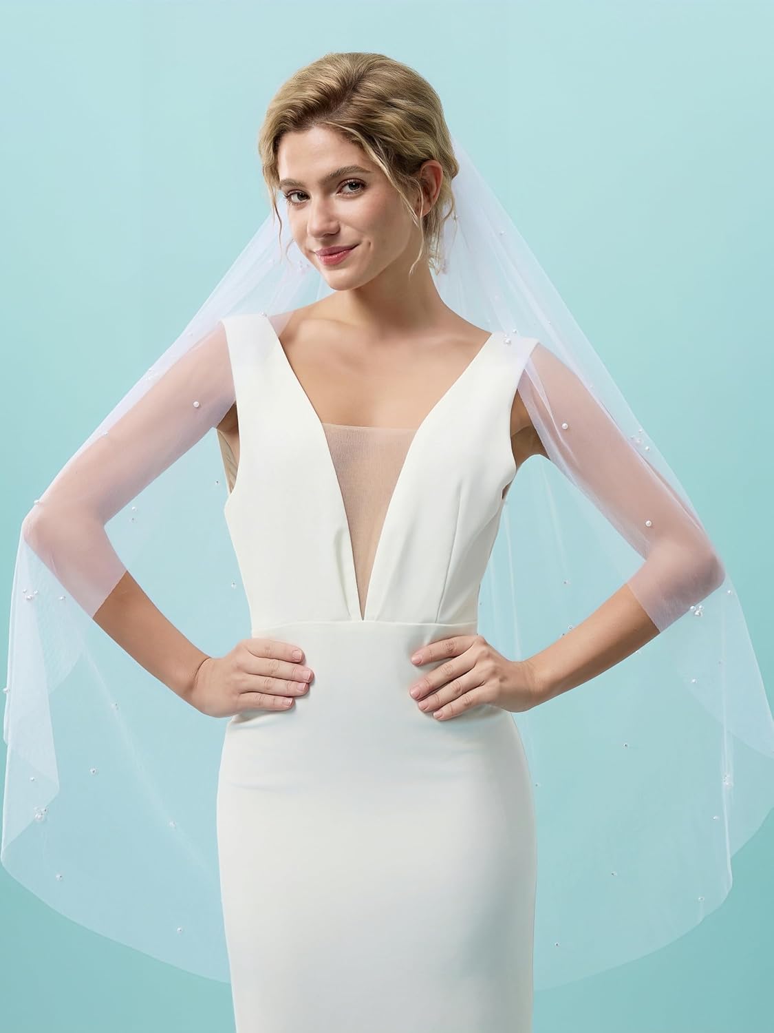 Wedding Bridal Veil, 1 Tier Soft Tulle Pearl Veils for Brides, With Metal Comb Veils for Women Wedding