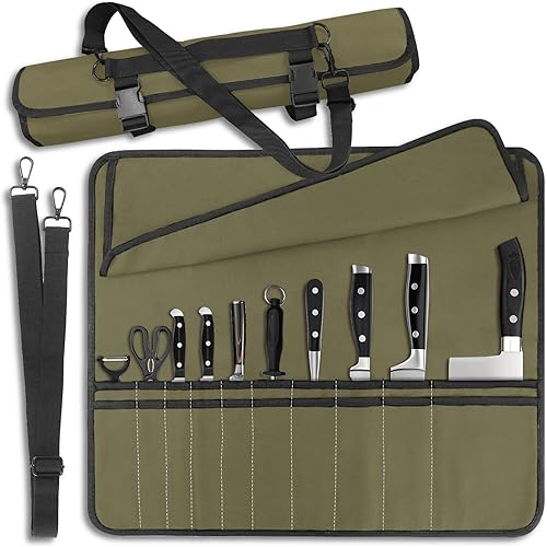 QIQU Army Green Chef Knife Bag With 20 Slots Cutlery Knives Holders Protectors, Home Kitchen Travel Cooking Tools, Portable Canvas Knife Roll Storage Bag Chef Case for Camping or Working