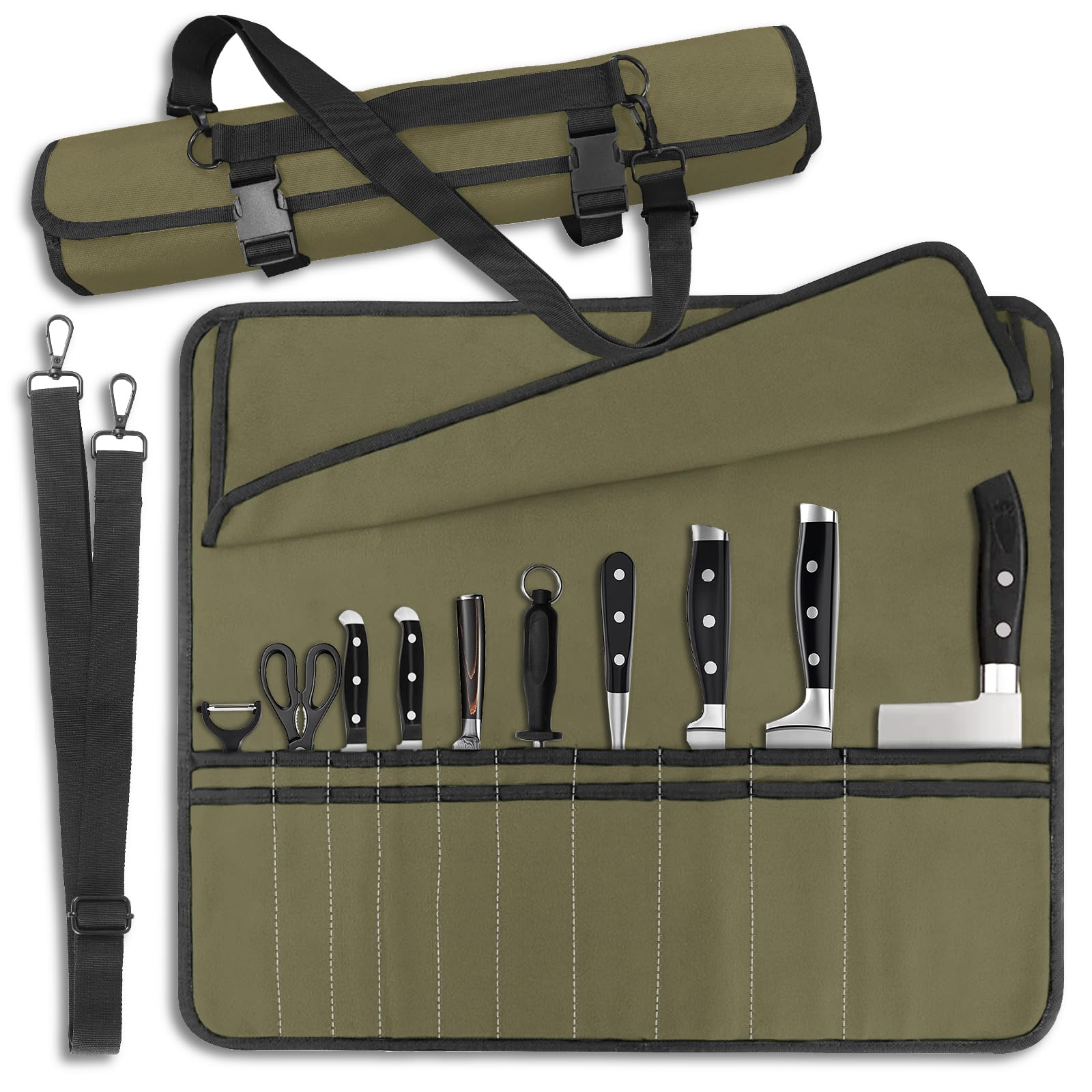 QIQU Army Green Chef Knife Bag With 10 Slots Cutlery Knives Holders Protectors, Home Kitchen Travel Cooking Tools, Portable Canvas Knife Roll Storage