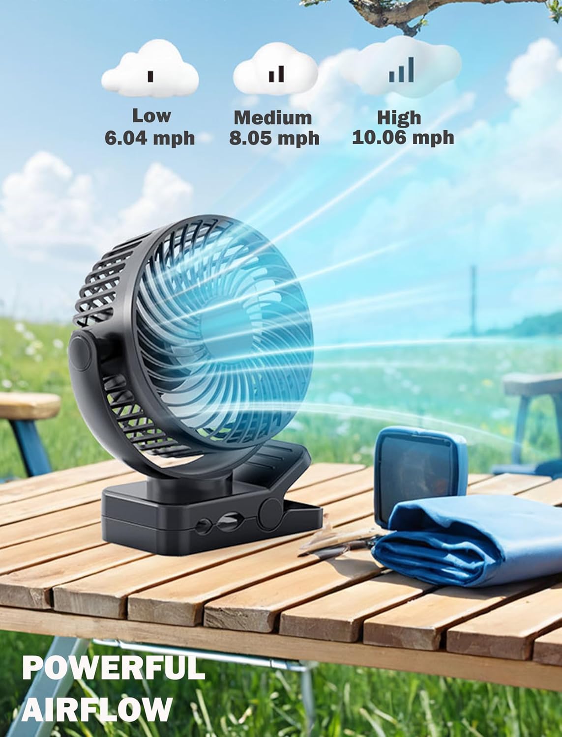 Magnetic Clip on Fan for Golf Cart, 12000mAH Battery Operated Portable Fan with 3 Speeds, LED Lantern, Magnetic Base, Suitable for EZGO Club Car Yamaha, Golf Cart & Cruise Ship Accessories - Image 4