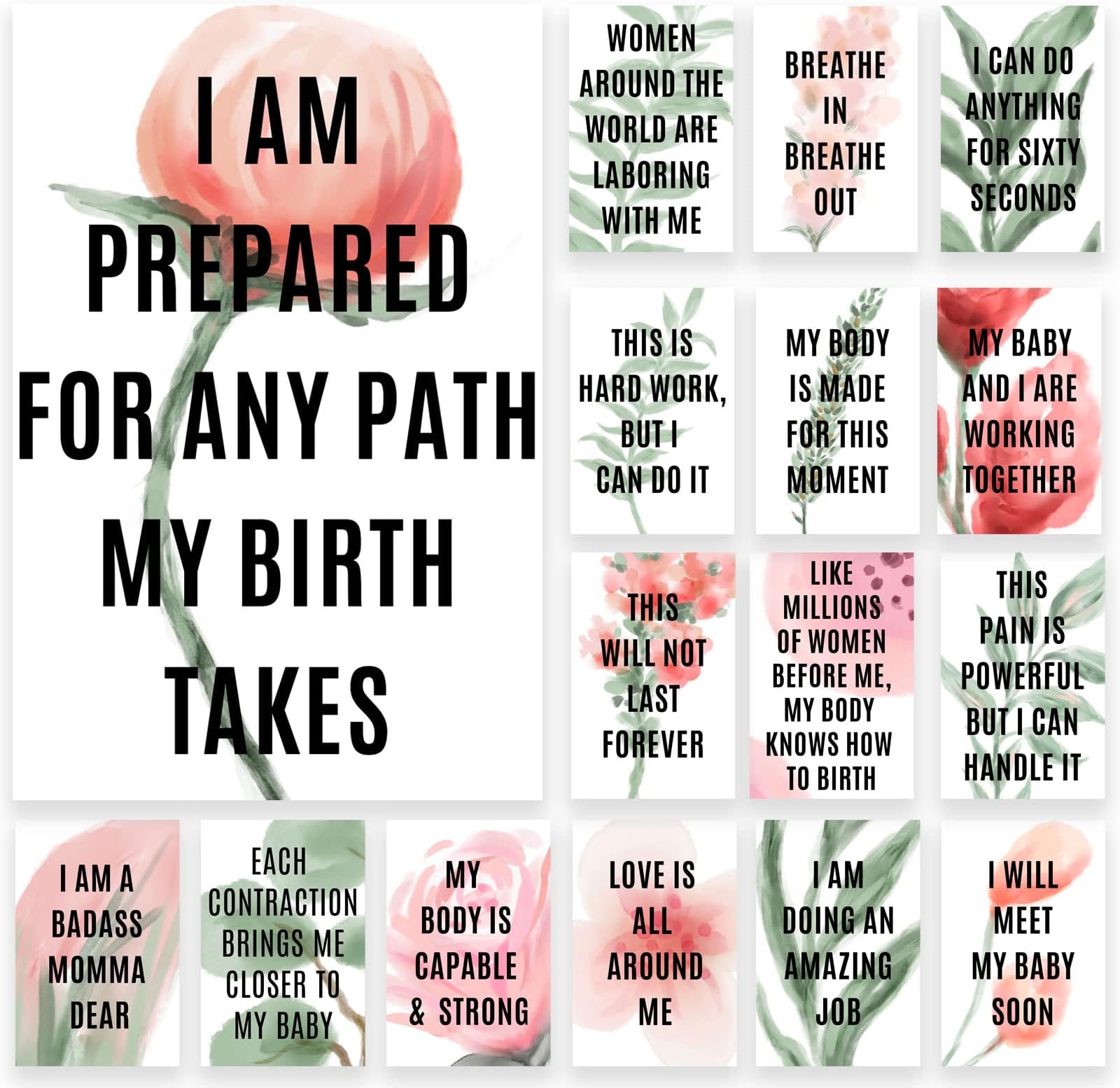 16 Birth Affirmation Cards - 4 x 6-inch Greenery Affirmation Cards for Women - Premium Positive Hypnobirthing Mantra Cards for Laboring Mother Deck for Pregnant Moms, Baby Shower Gifts and Labor