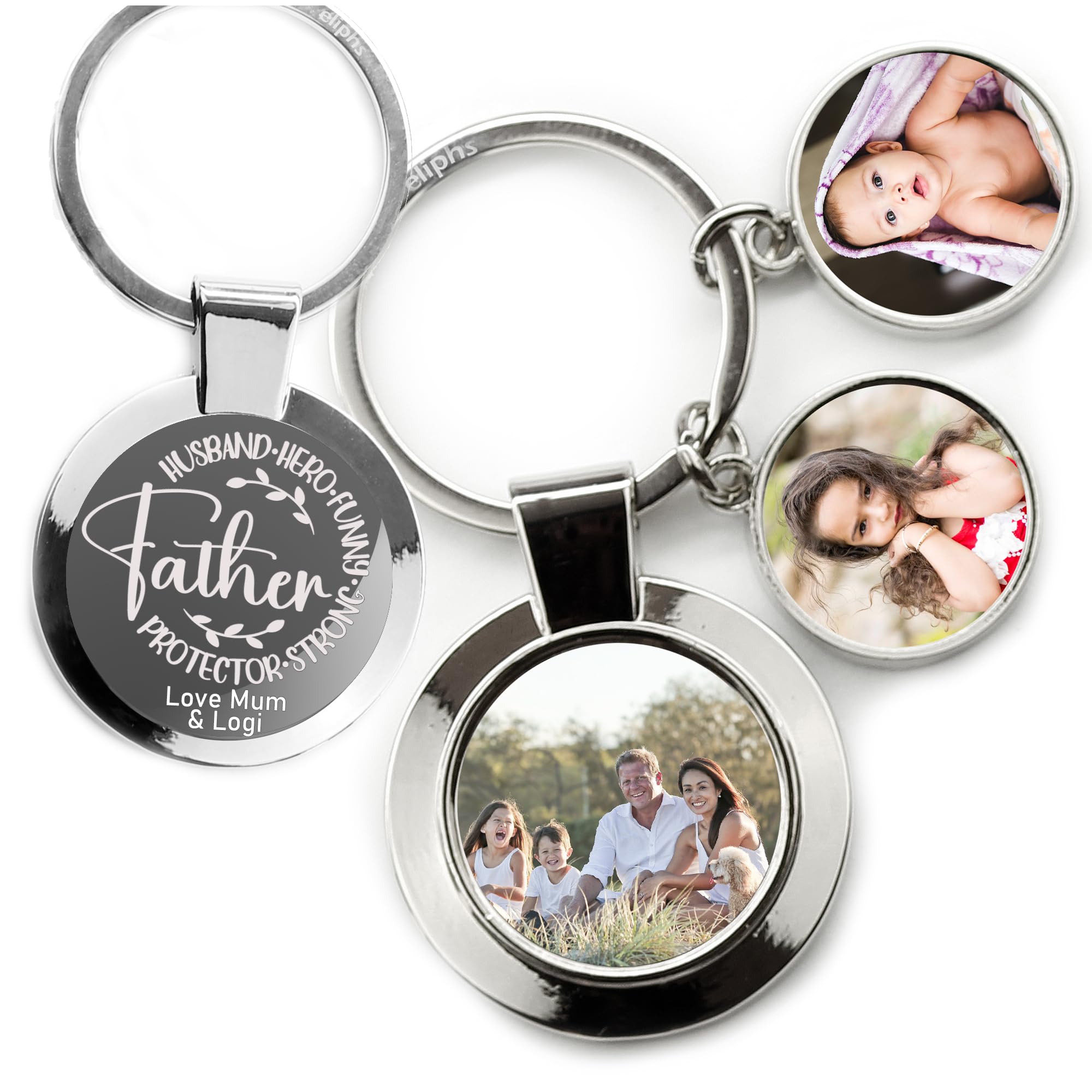 Eliphs Unisex Round Keyring + Two Tags Personalised Round Keyring, Multi-Tag Keychain, Personalised Mother’s Day Photo & Text Engraved Keytag, 3 Round Tag Custom Keychain, Chrome Keepsake Gift For Mum, Grandma (Round Keyring + Two Tags)
