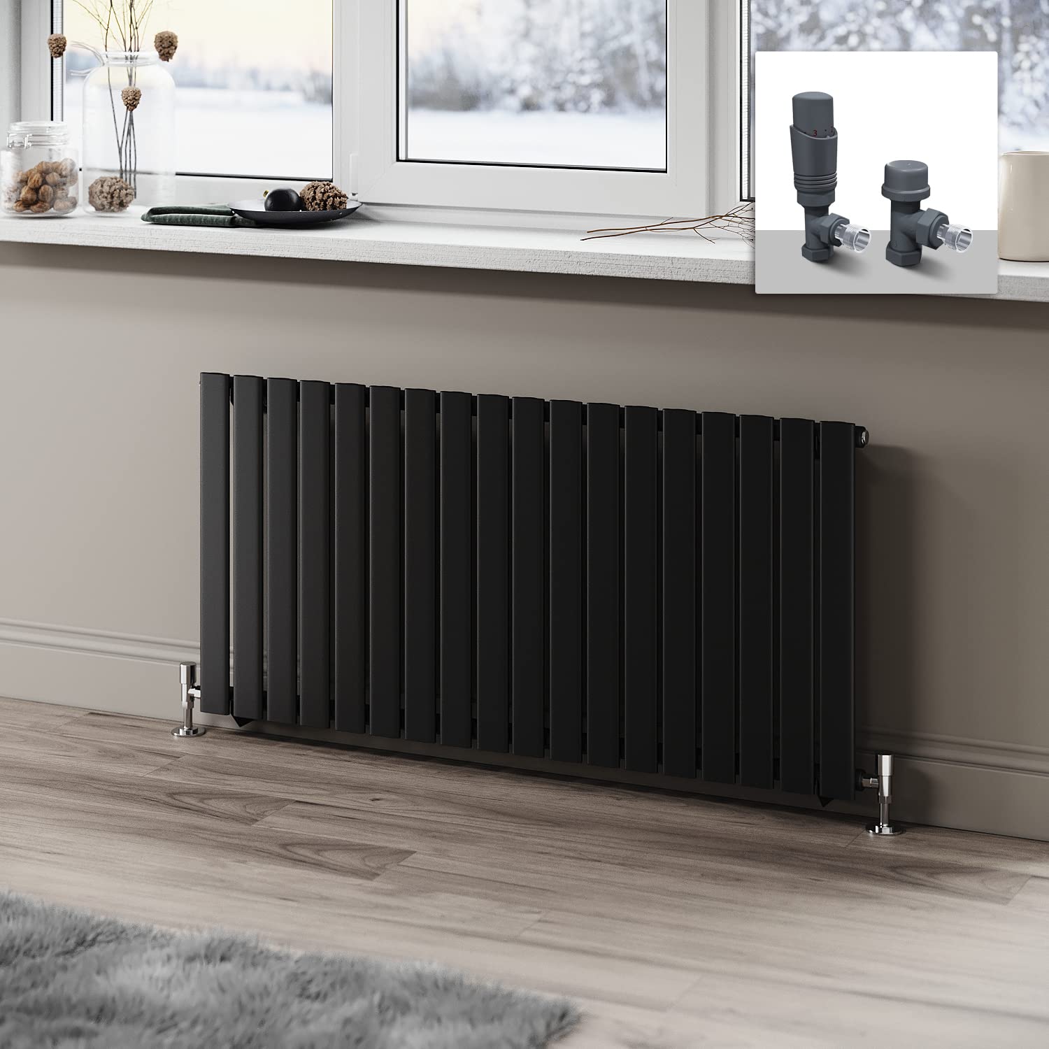 ELEGANT 600 x 1224mm Radiator Black Horizontal Radiator Flat Panel Designer Radiator Single Panel Central Heating Radiator with Anthracite Thermostatic Valves