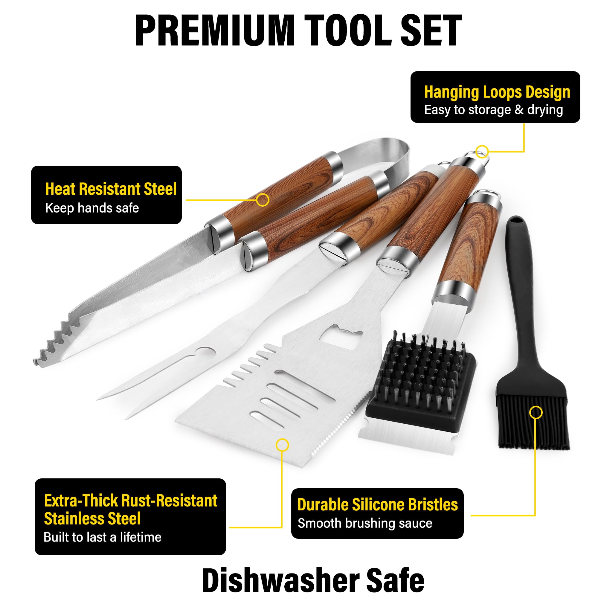 Yekale Juego de herramientas resistentes para parrilla de barbacoa con espátula extra gruesa de acero inoxidable, tenedor, pinzas y cepillo de limpieza, kit completo de accesorios para barbacoa