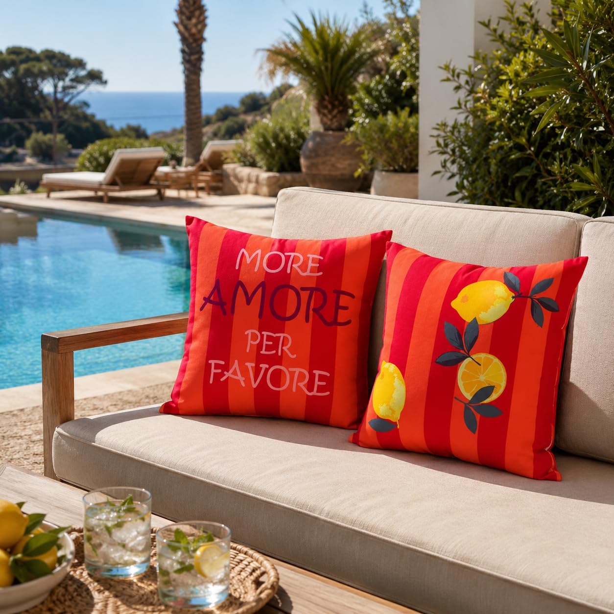 Wetterfestes Outdoor-Kissen mit Füllung – Wasserabweisend, UV-beständig & Pflegeleicht –1 Wendekissen für Garten, Balkon & Terrasse–Verschiedene Designs (Orange/Pink - Amore/Zitrone, 40x40 cm)