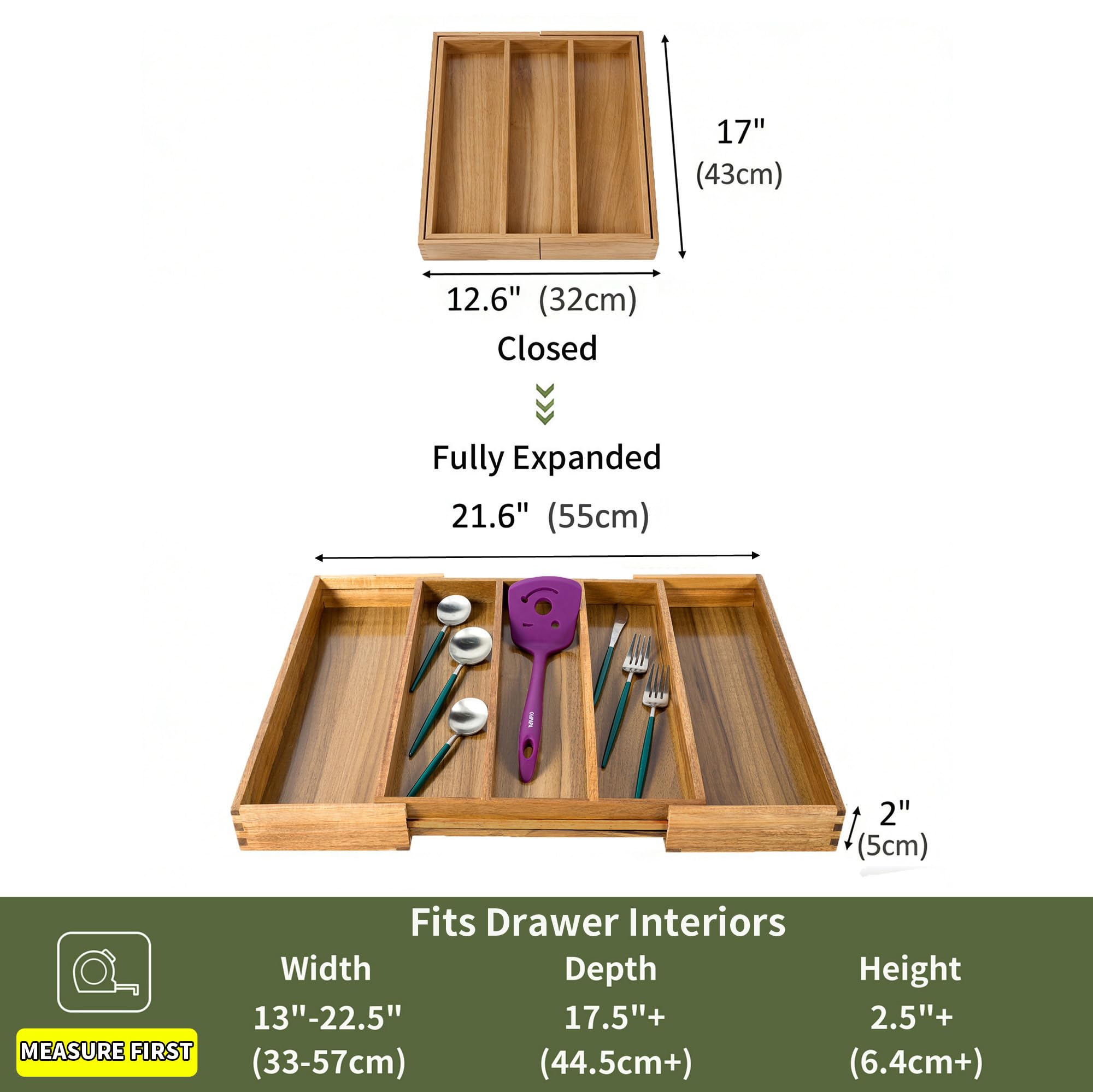 Utoplike Organizer per cassetti da cucina in acacia, espandibile