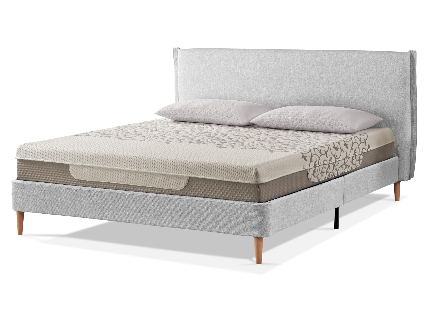 EVERGREENWEB - Letto 1 Piazza e Mezza con Materasso 120x200 alto 20 cm in Memory Foam, Base Letto 12 Doghe in Legno + Cuscino in Fiocco Memory GRATIS Elegante Testata Rivestimento Tessuto color Grigio