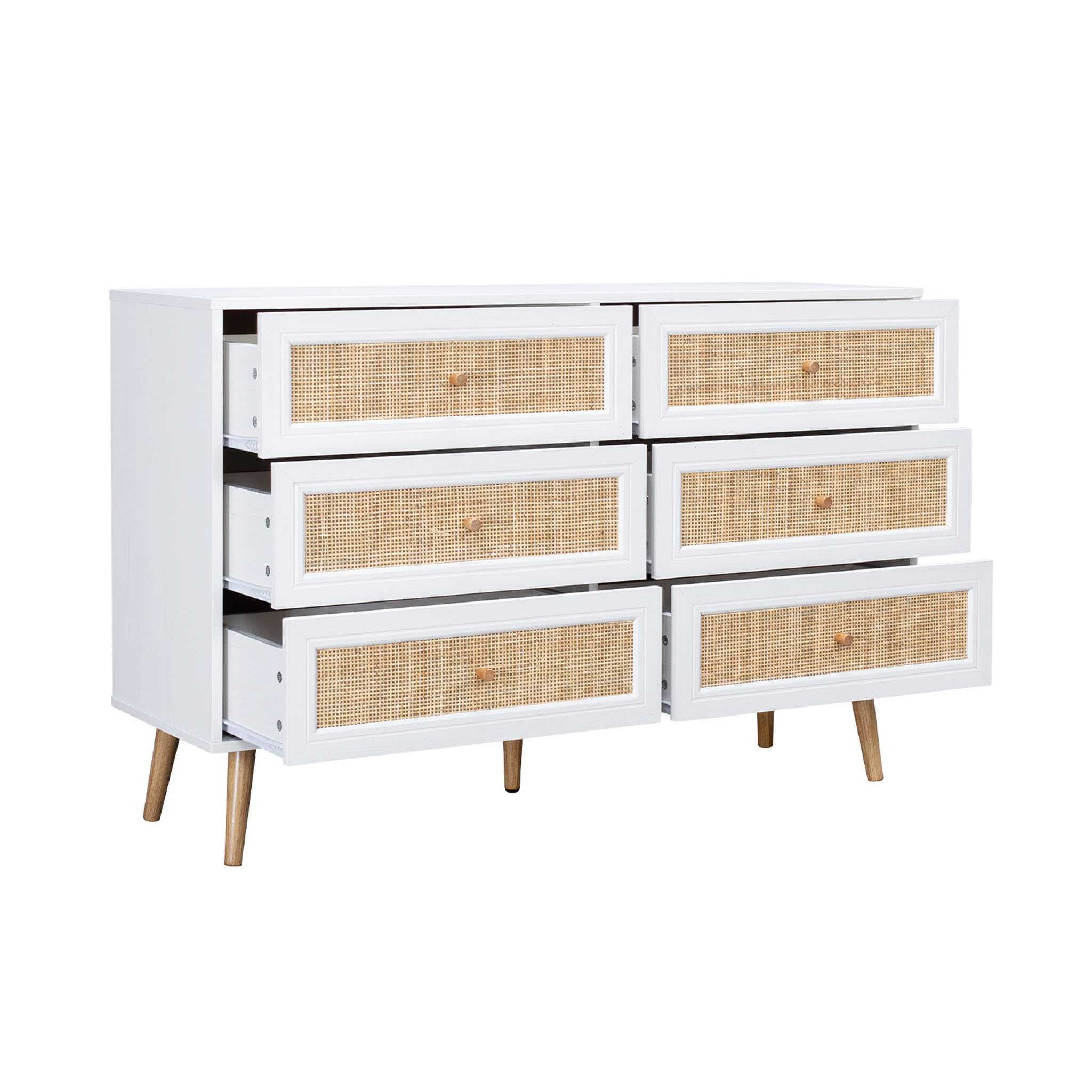 sweeek - Commode décor Bois et cannage 6 tiroirs Bohème. Blanc - 120x39x79cm