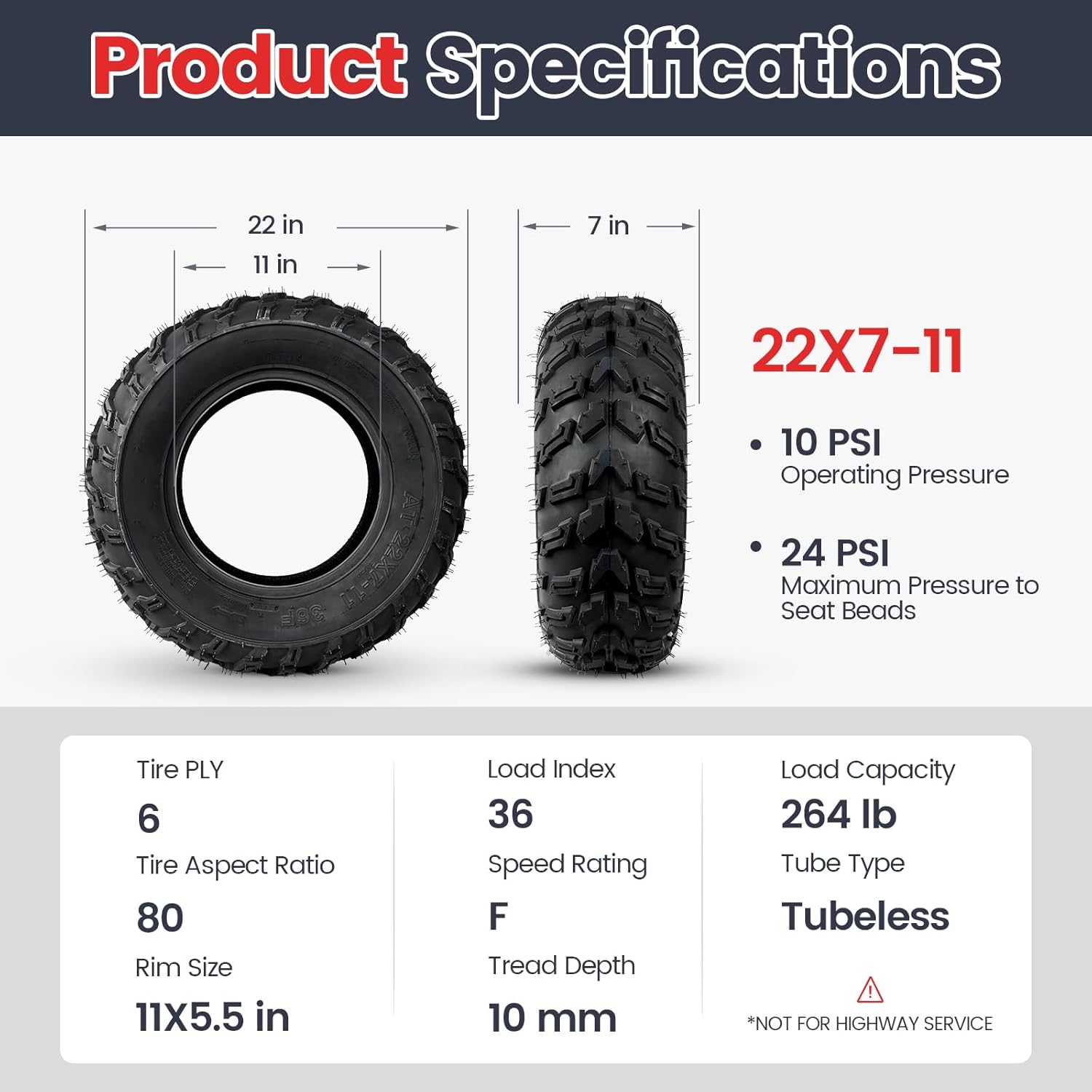 PROPARTS Set of 2 22x7-11 ATV UTV Tires 22x7x11 6PR Off-road Quad Tires Compatible with Honda Recon 250 Suzuki Ozark 250 All Terrain Tire, Tubeless