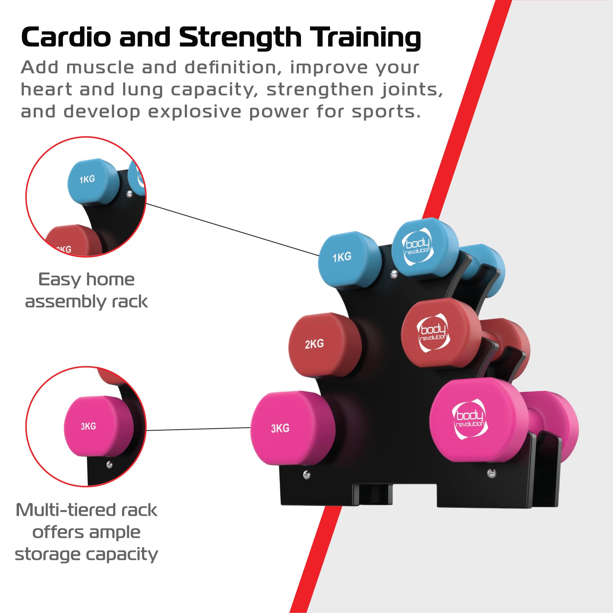 Hantle neoprenowe 0,5 kg – 10 kg – powlekane żeliwne hantle, ćwiczenia cardio, aerobik i HIIT – sprzęt gimnastyczny do domowego treningu siłowego i treningów Body Revolution