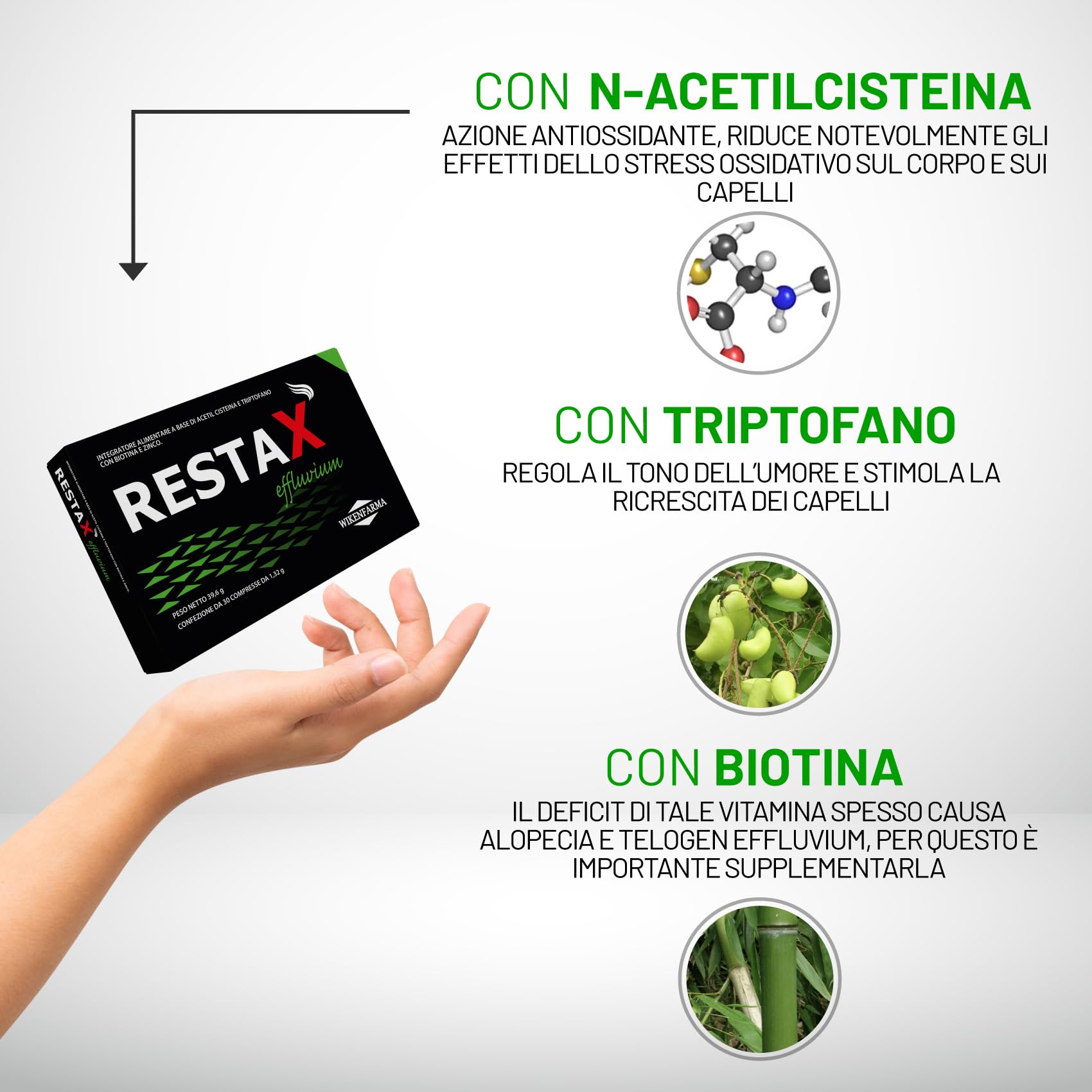 RestaX Effluvium Primo integratore per telogen effluvium e caduta di capelli da stress e cambio stagione con N-Acetilcisteina Zinco Triptofano. Ferma assottigliamento e diradamento, stimola ricrescita