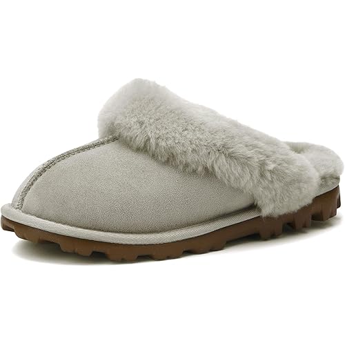 WaySoft Genuine Australian Sheepskin Women Slippers, 100% Shearling Hard Bottom Slippers for Women Indoor and Outdoor Warm Fuzzy Wool Slippers