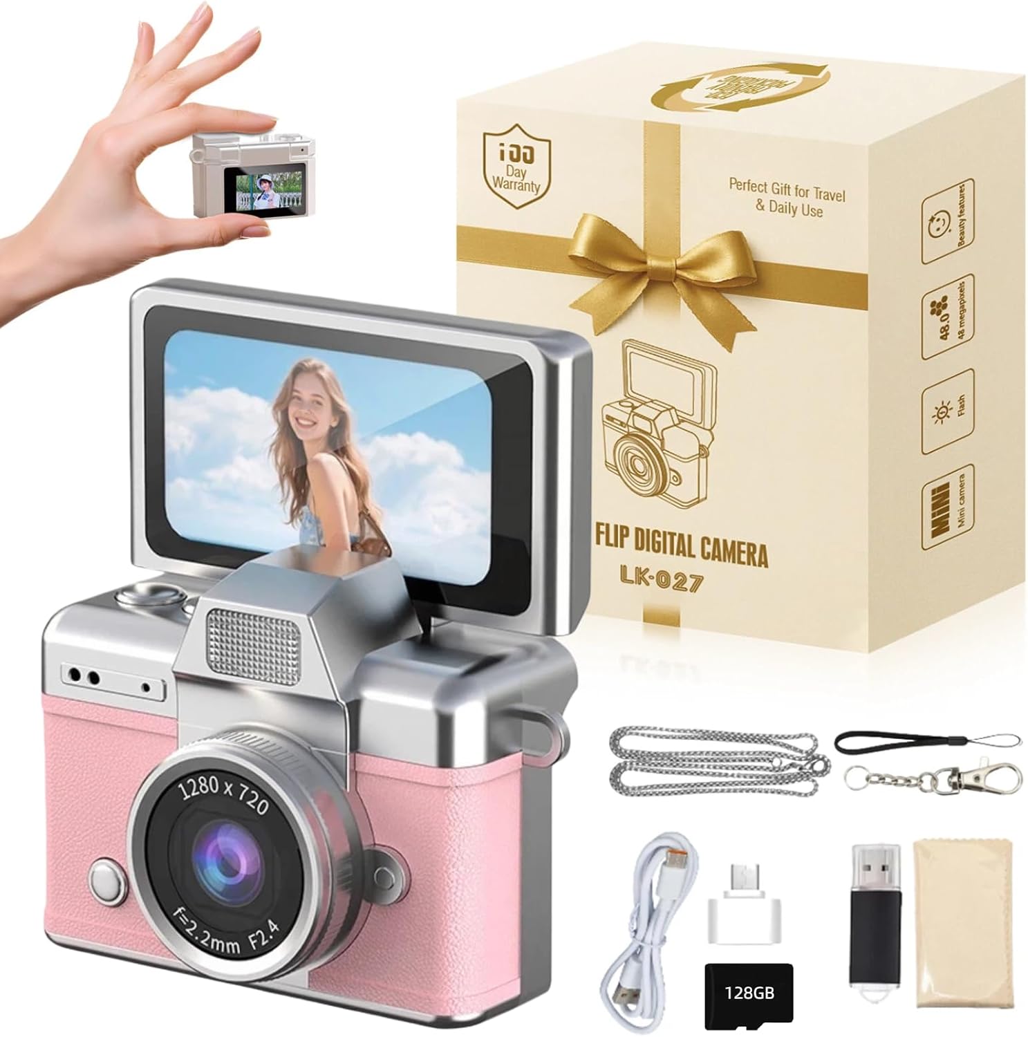 VintageMiniDigitalCamera,Retro1080PHDVideoKeychain Camera,Portable Small Body Cam with 0.96” IPS Screen,Type-C Charging Go Cam for Travel & Photography Enthusiasts,Phone Card Included128GB (Pink)