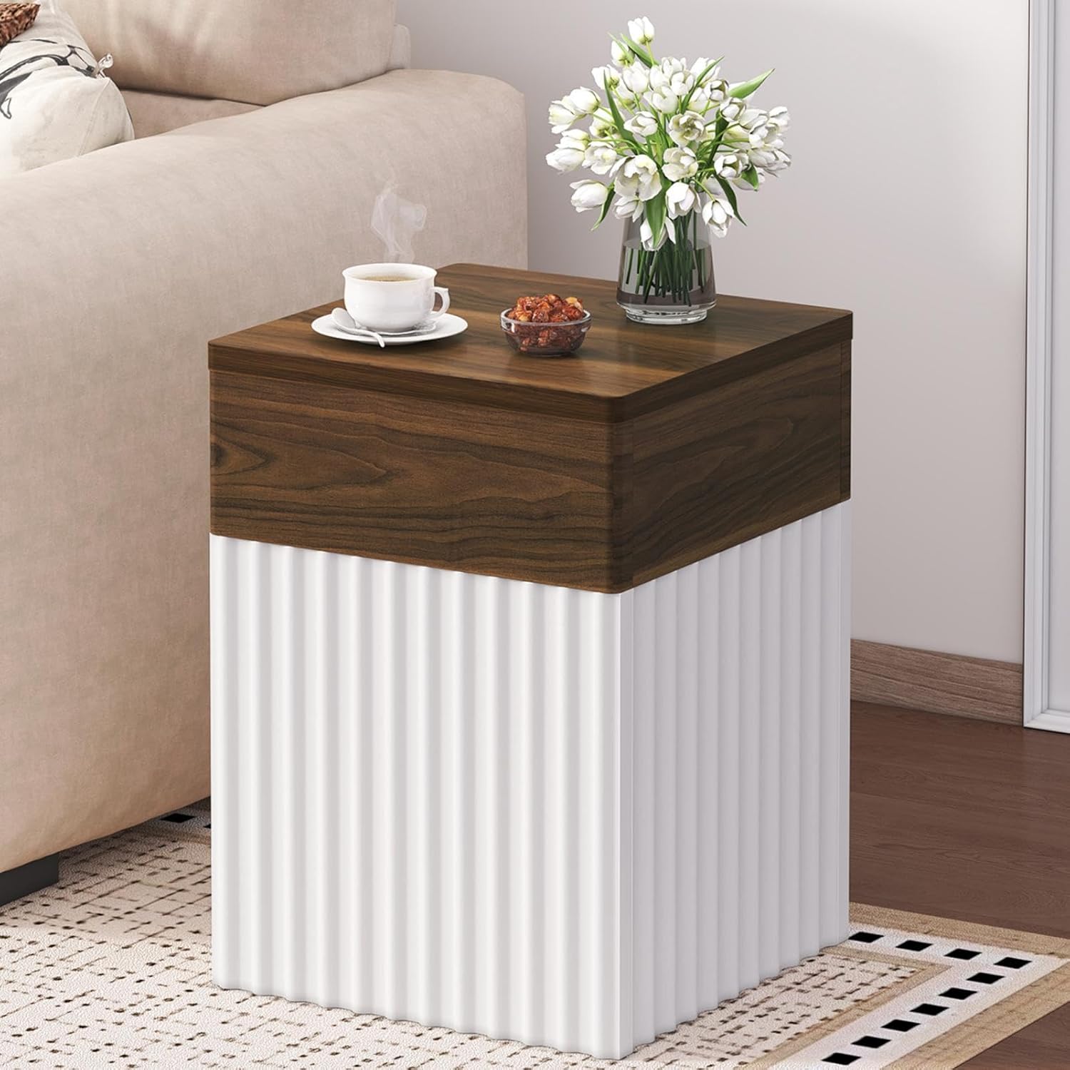 Fluted Wooden Side Table, 11.8" Curved End Table, Small Farmhouse Style Nightstand for Living Room, Bedroom, Corners and Office (White)