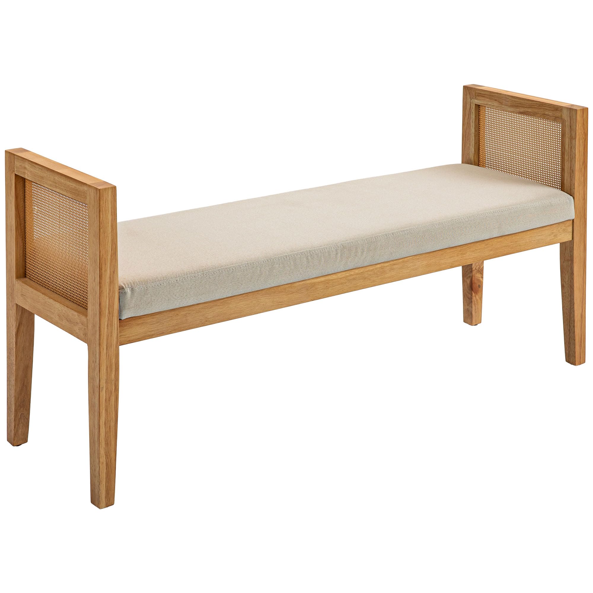HOMCOM Banc Bout de lit, Banc d'entrée, accoudoirs en rotin et Cadre en Bois Massif, Assise rembourrée en Tissu Aspect Lin, Bout de lit pour Chambre, Salon, Design Moderne, crème