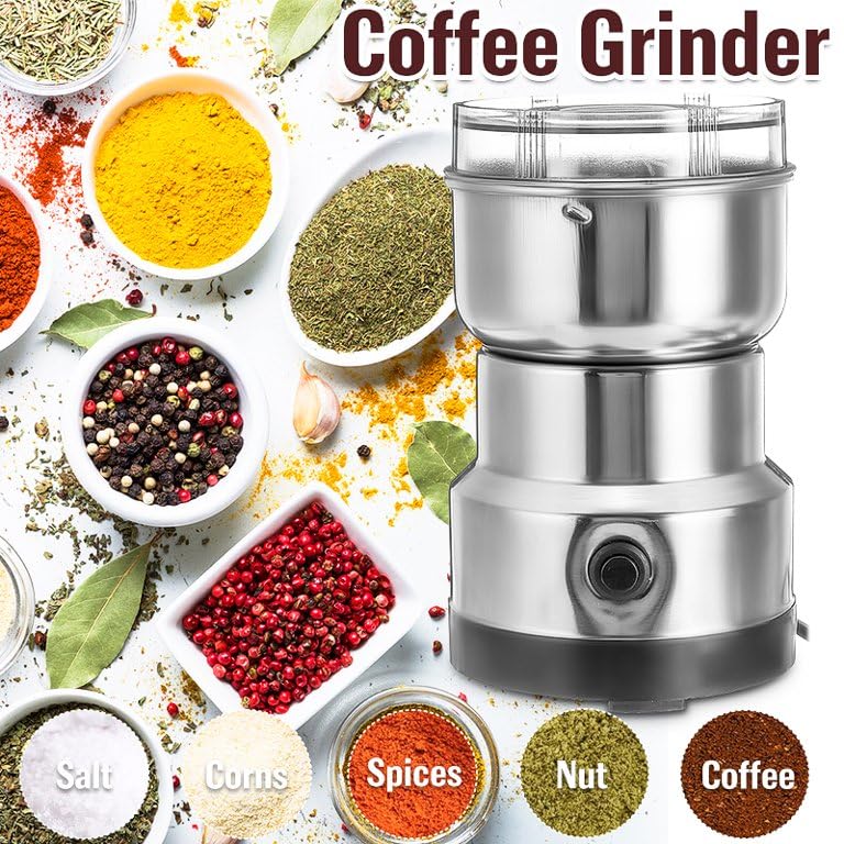 Image of Stainless Steel Mini Electric Grinder - Compact Coffee, Spice, Masala, Nut & Grain Crusher, Portable Mixer Machine for Home Kitchen