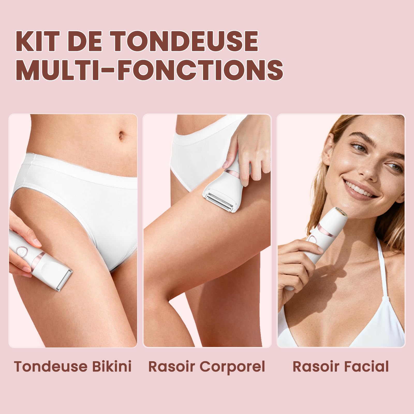 Rasoir Electrique Femme 3-en-1, MAXGROOM Tondeuse Intime Femme Humide/Sec, Rasoir Électrique avec Affichage LED & Lame Céramique, Tondeuse Bikini pour Visage Aisselles Jambes Corps, 90 min d'autonomie