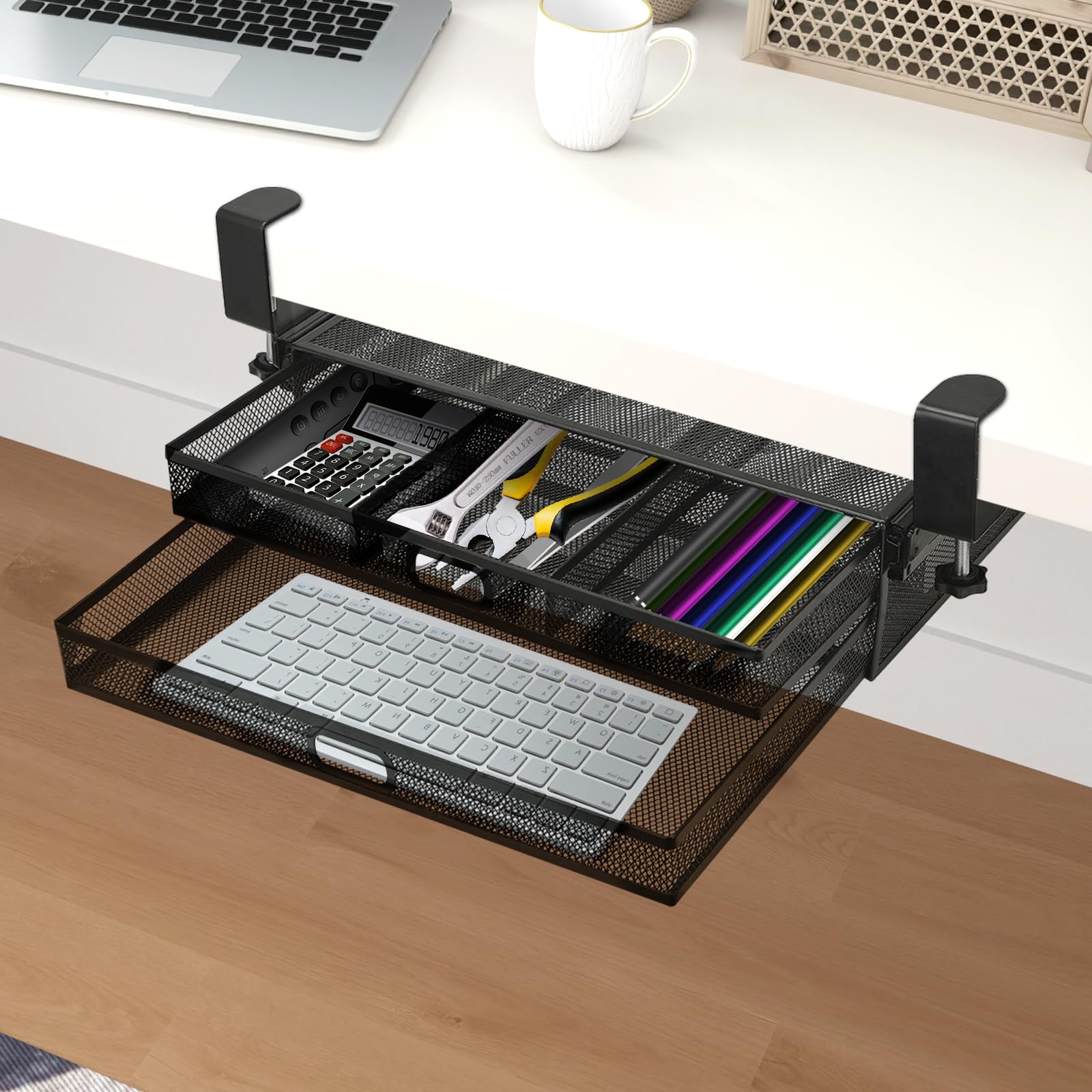 Tiroir coulissant à clipser sous le bureau | Tiroir de table en maille métallique | Rangement sous le bureau | Organiseur de bureau caché pour fournitures de bureau et accessoires de maison