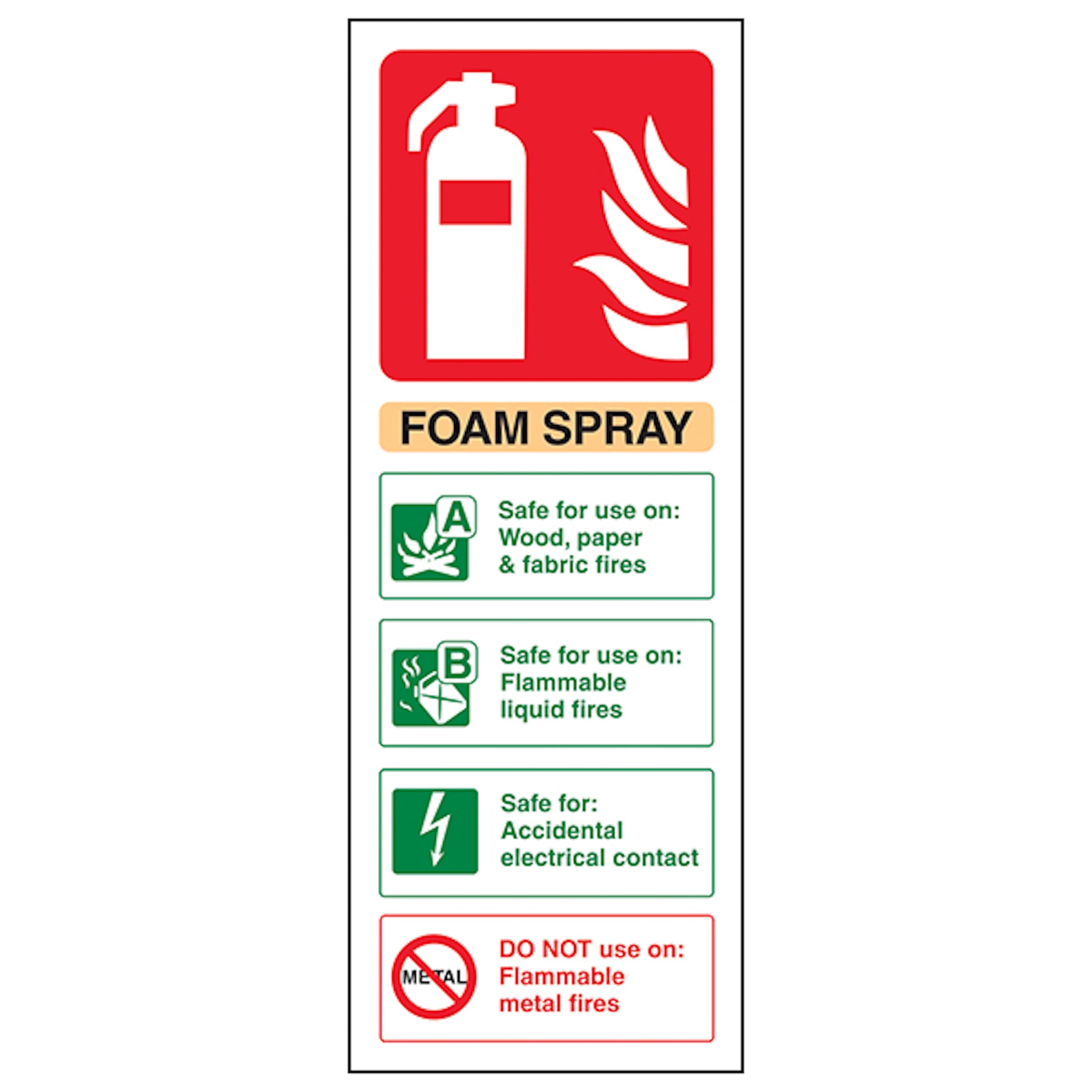 V Safety Foam Spray Safe For Electrical Fire Extinguisher 100 x 280 mm - 2mm Rigid Plastic Safety Sign