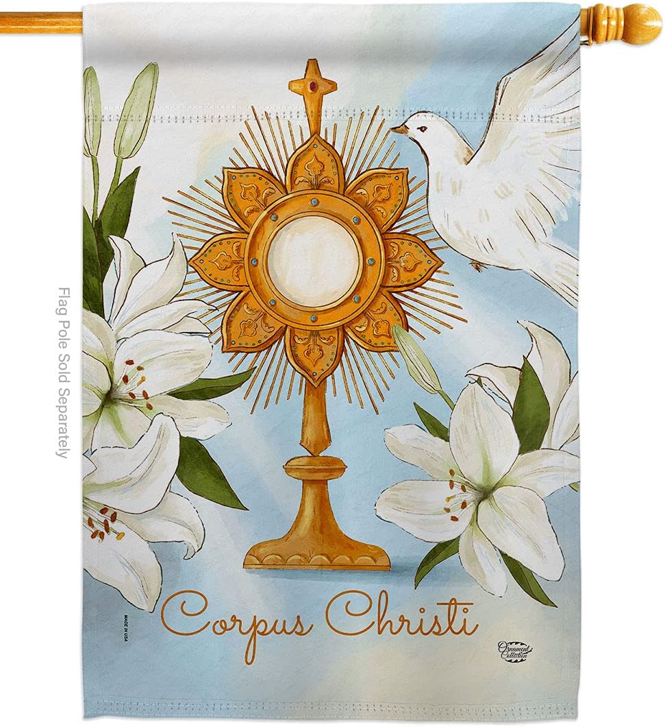 Corpus Christi House Flag Religious First Communion Gifts Cross Chalice Holy Eucharist Christian Religion Tradition Catholic Home Decoration Indoor Banner Small Garden Yard Lawn Porch Outdoor Wall Tapestry Made In USA
