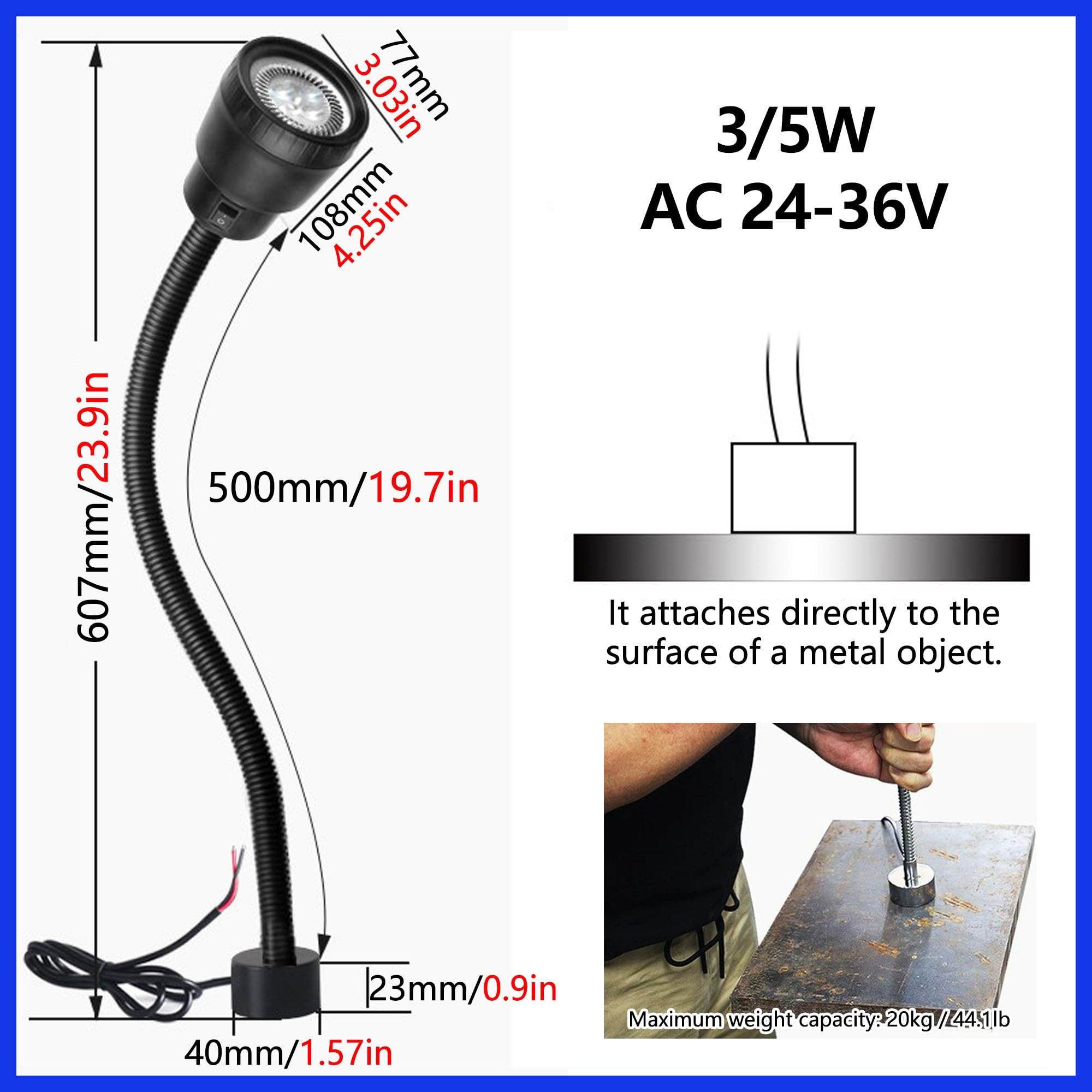 Reflektory Robocze LED Z Podstawą Magnetyczną, Wodoodporna, Regulowana w Zakresie 360° Lampa z Giętką Szyjką, Idealna do Obrabiarek I Stołów Tokarskich(3W,24-36V)