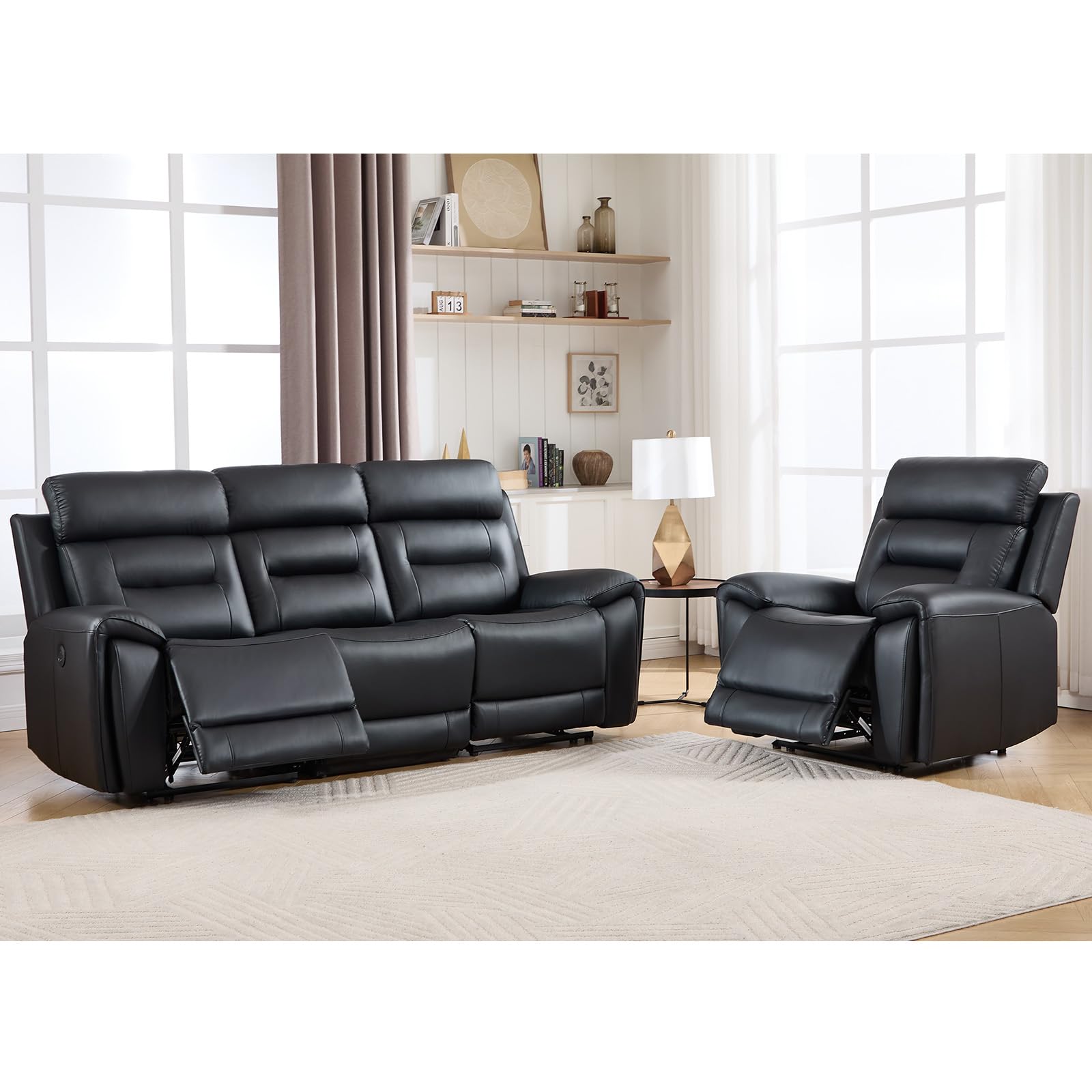 ANJ 2-Piece Oversied Faux Leather Power Recliner Sofa Set with Charging Ports, Include Single Recliner Chair and Electric 3-Seater Reclining Couches for Living Room, Black