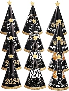 BESPORTBLE 2024 Happy New Year Hats: 12Pcs New Years Paper Cone Hats 3D Black Party Hats for New Years Eve Party Birthday Party Photo Props Supplies