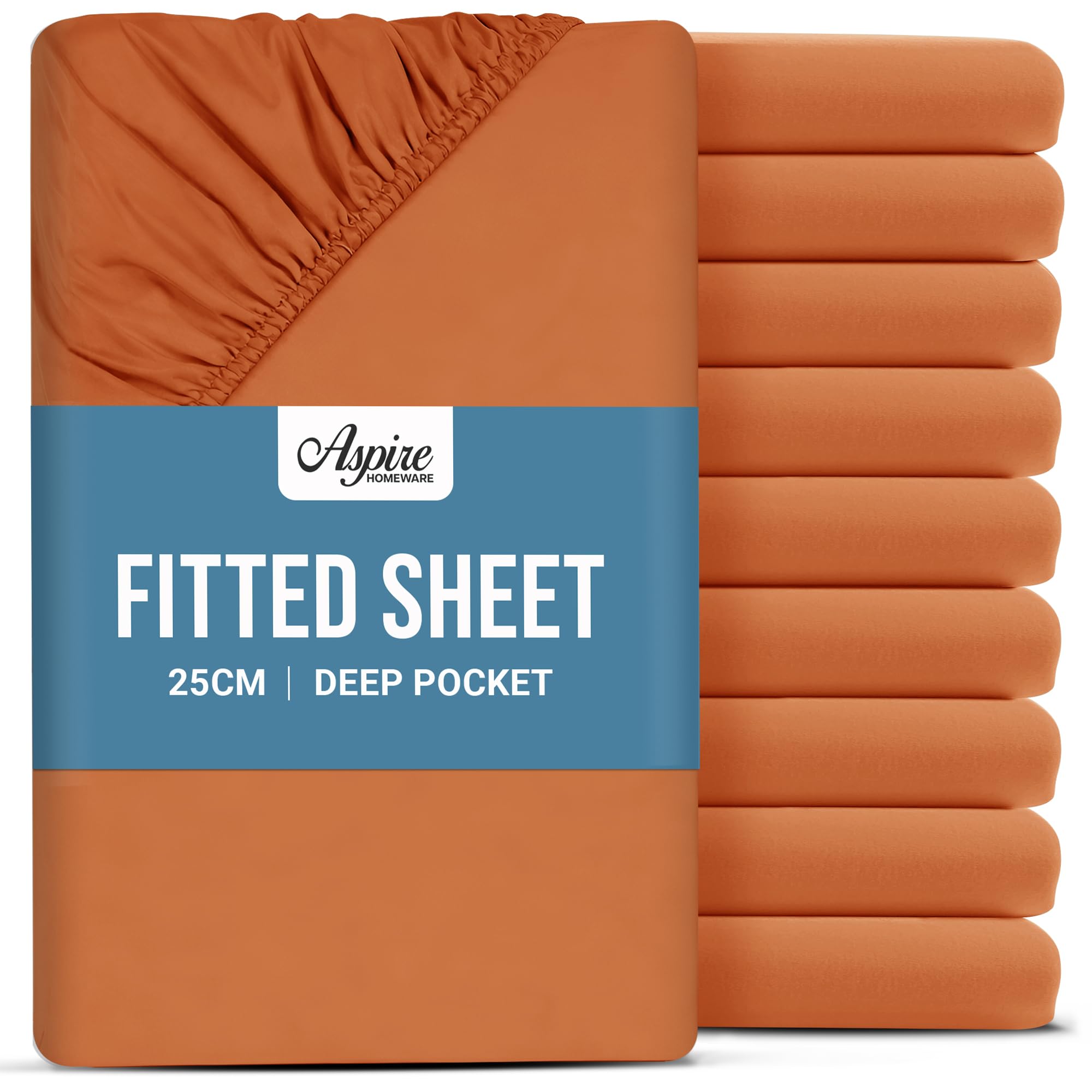 Aspire Homeware King Size Fitted Sheets 10 Pack - 25 cm Deep Hotel Quality (Rust) Bed Sheets - Soft & Breathable Fitted Sheets King Size - Anti-Wrinkle Easy Care Fitted Sheet