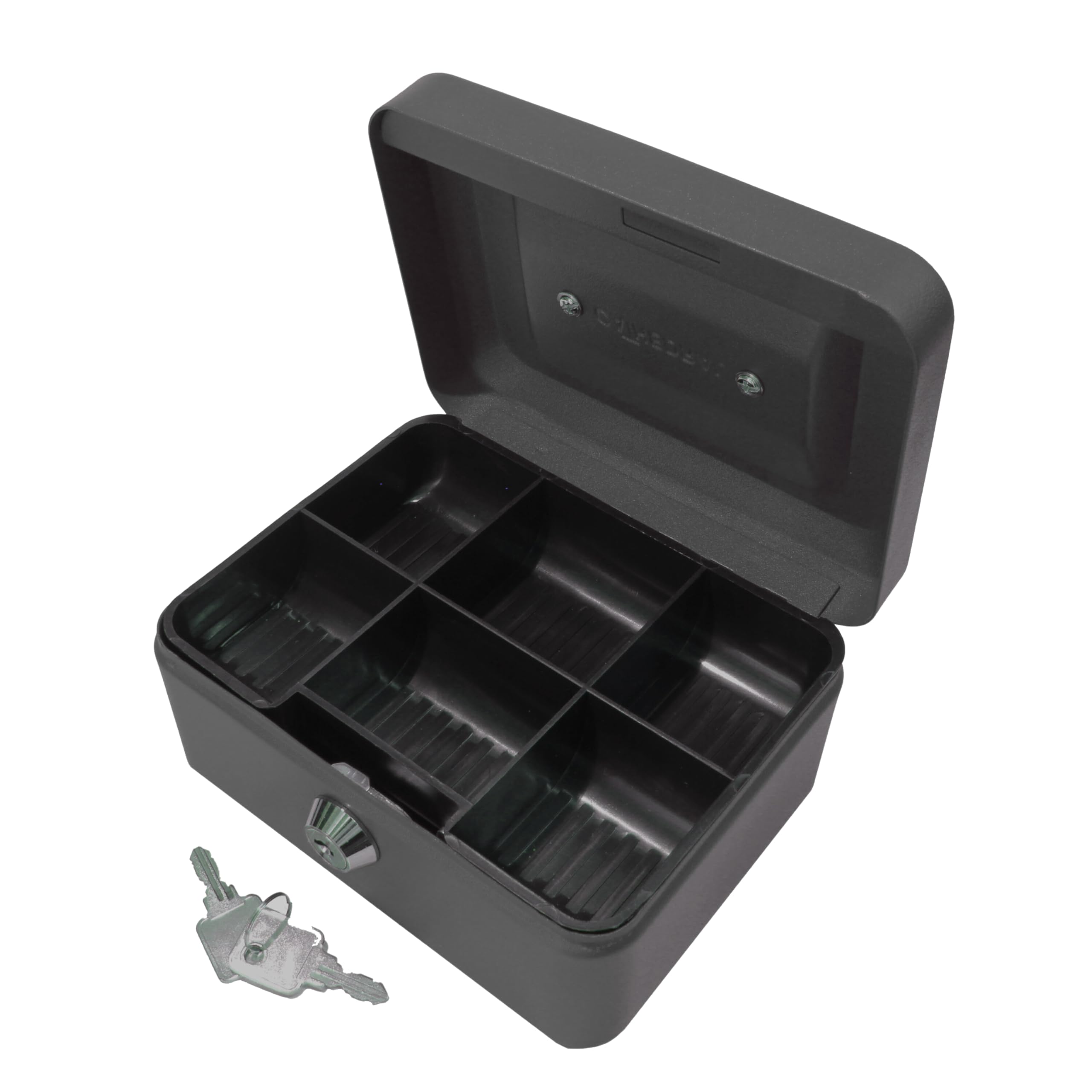 Cathedral Products Black Key Lockable Cash Box With Lift Out 6 Compartment Coin Tray - 6 Inch