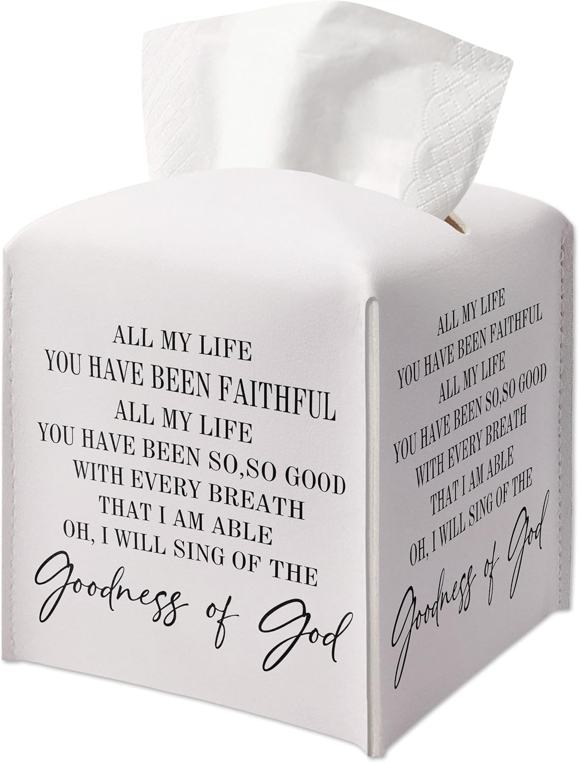 Tissue Box Cover Square, Leather Tissue Box Cover, Waterproof Leather Facial Paper Organizer Dispenser for Bathroom Home Car Nightstand Vanity Desk, Goodness of God, 5.2 Inches