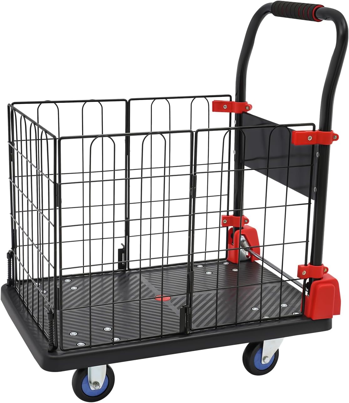 Platform Truck Cart with Cage,Folding Cart with Wheels, Heavy Duty Hand Push Moving Cart, Multipurpose Grocery Cart, Foldable Dolly Cart with Basket for Warehouse Luggage Moving (330LBS)