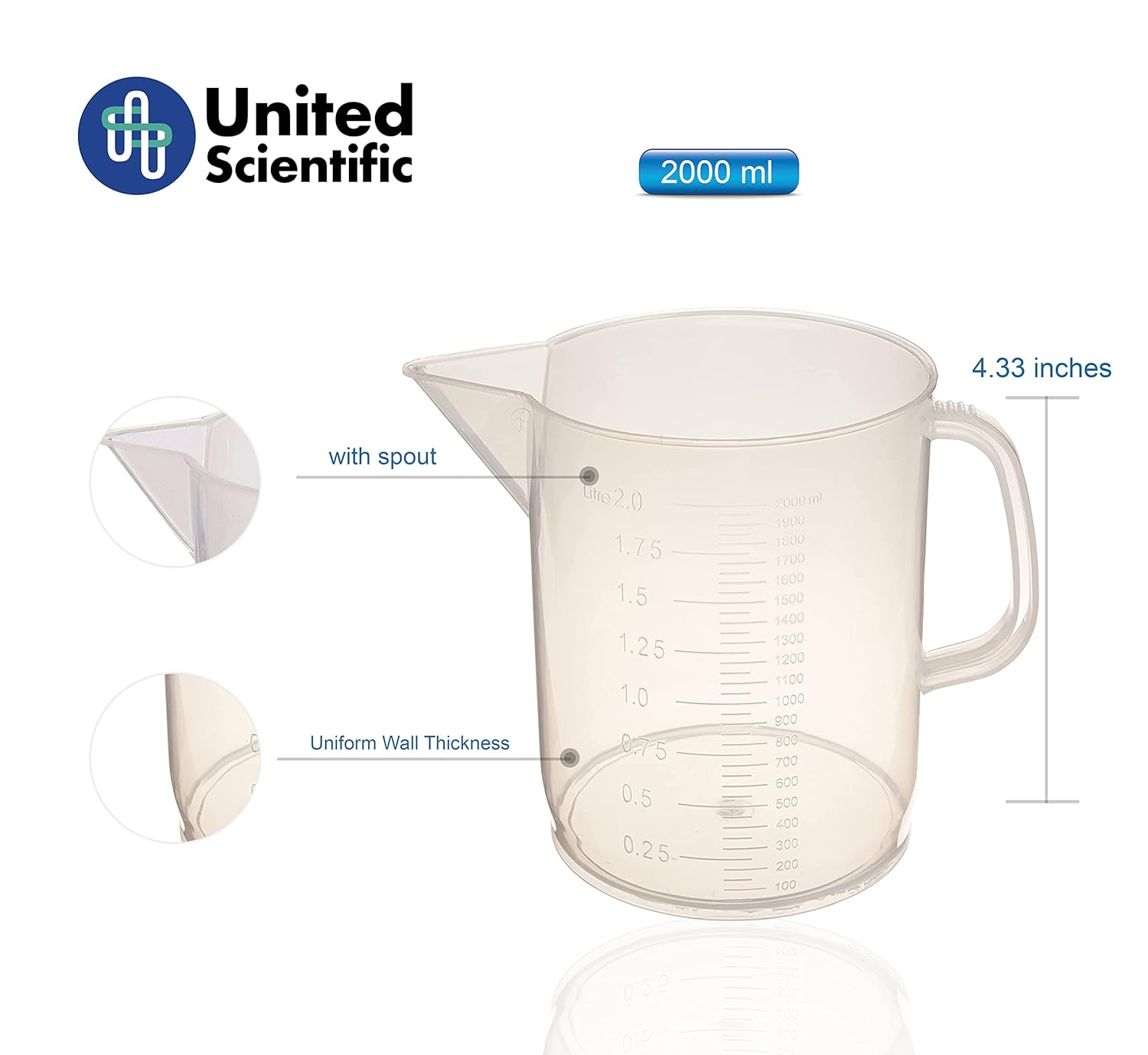 United Scientific™ Polypropylene Pitchers 81123 | Polypropylene Short Form Pitchers | 2000ml Capacity | 50ml Graduations| Beakers with handle spout | 2000mL (Pack of 6)
