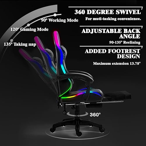 Miniatura 6 de Silla de Juegos con Luces LED RGB de Estilo Carrera, Sillas de Juego para Adultos y Niños, Silla Gamer con Masaje Lumbar, Silla de Computadora de
