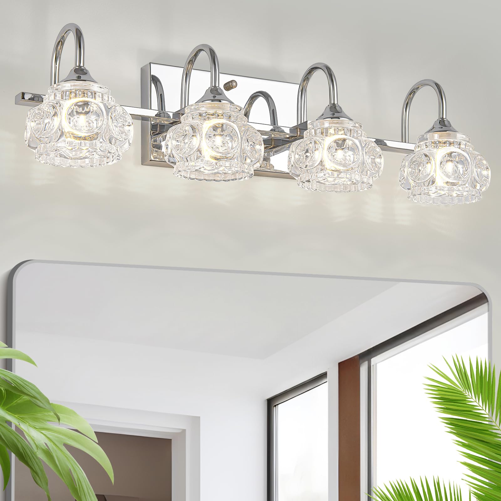 DIKAIDA 4-Light Bathroom Lighting Fixtures Over Mirror, Polished Chrome Modern Vanity Lights with Crystal Glass Shade, Over Mirror Nickel Wall Lights for Kitchen Dinning Room Bedroom Balcony Hallway