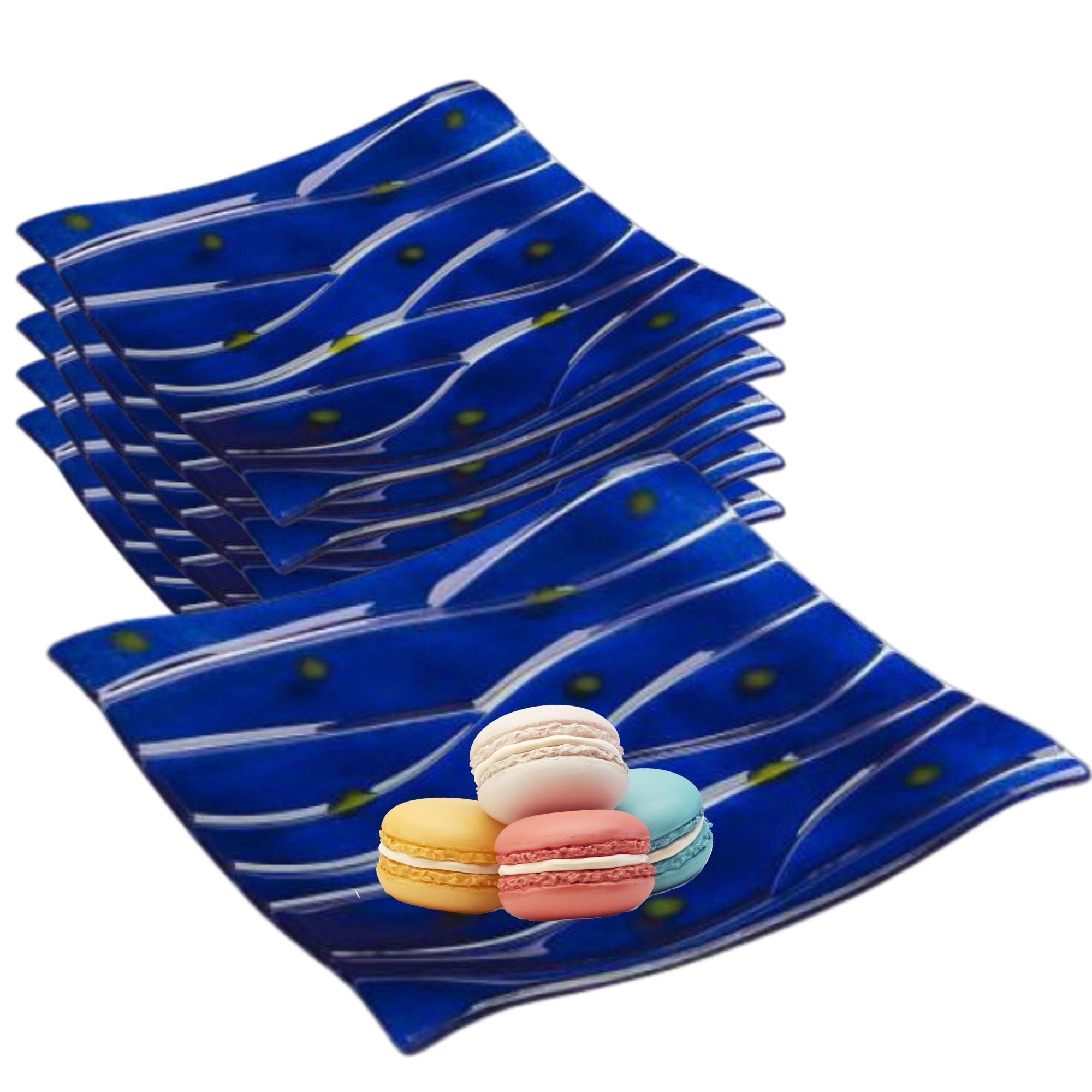 International 6527B750 Glass Dinner Plate, Square Riven Ripple Art Glass Tray, Blue, 11.5" Squared, Set of 6