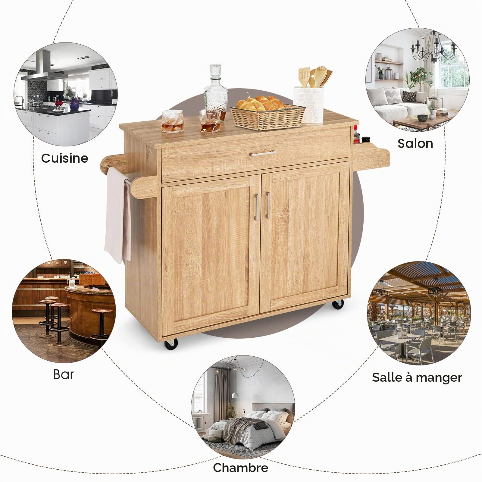 GIANTEX Desserte à roulettes avec Plan de Travail 90 x 40 cm, Desserte de Cuisine avec Grand Tiroir et Armoire à 2 Portes, Porte-Épices et Porte-Serviettes,116 x 40 x 85 cm (Naturel)