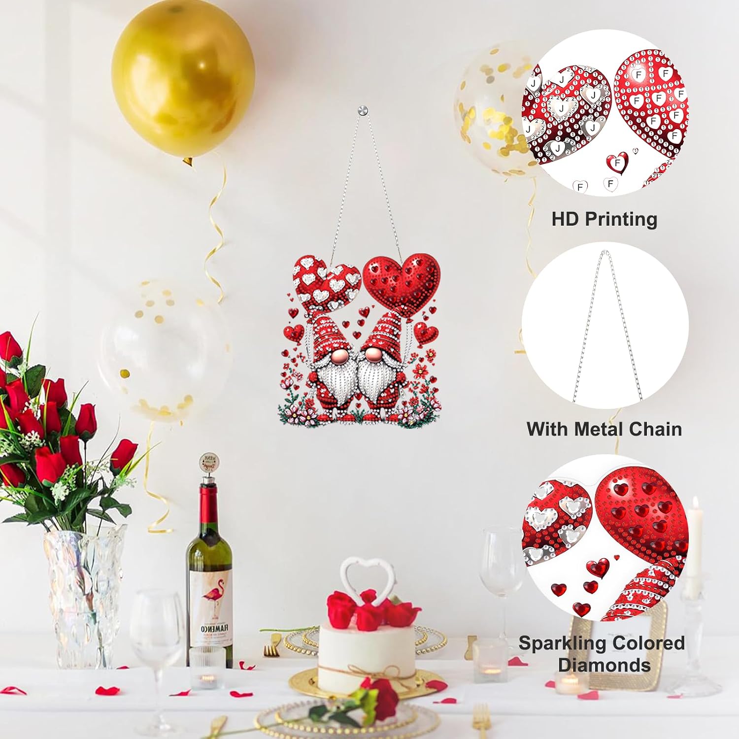 Valentine's Day Diamond Art Hanging Ornaments Kits for Adults, Gnome Diamond Painting Pendant Kits, DIY Acrylic 5D Special Shaped Crystal Gem Art Painting Ornament for Home Wall Decor Gift 8x8 Inch image 5